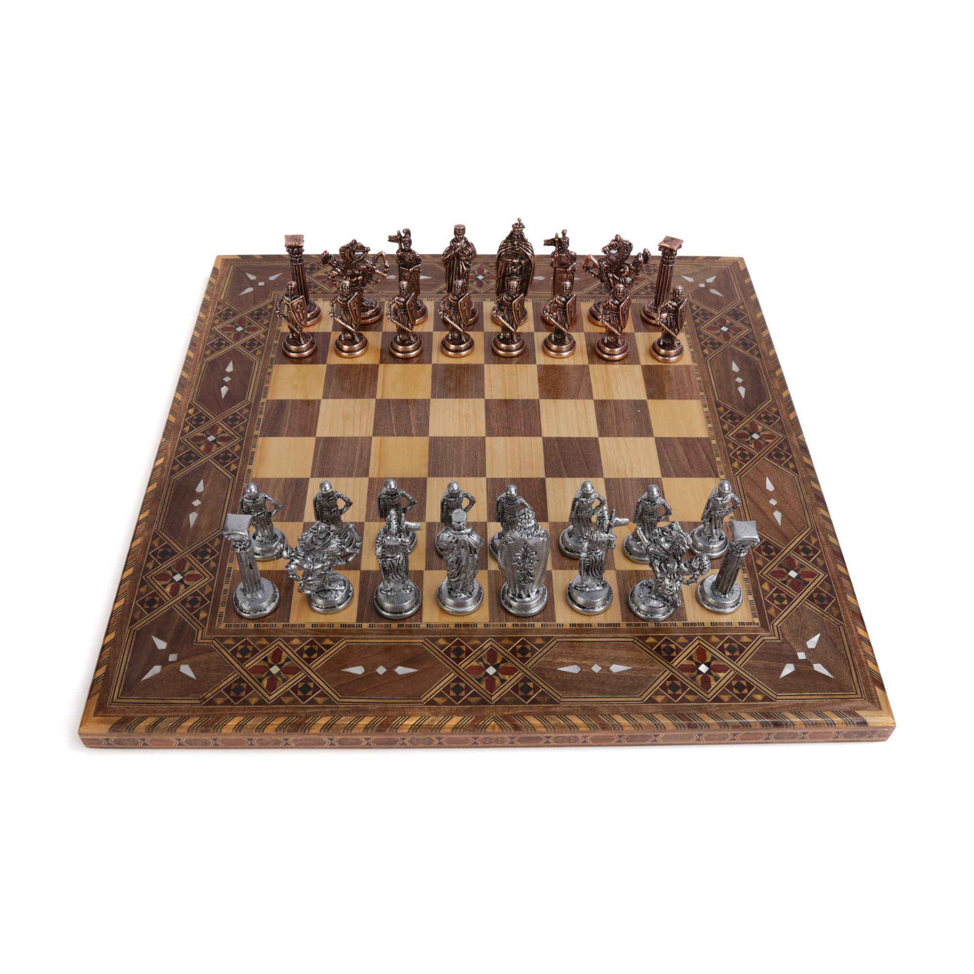 Royal Medieval British Army Antique Copper Metal Chess Set for Adults,Handmade Pieces and Natural Solid Wooden Chess Board,Original Pearl Around Board King 3.35inc
