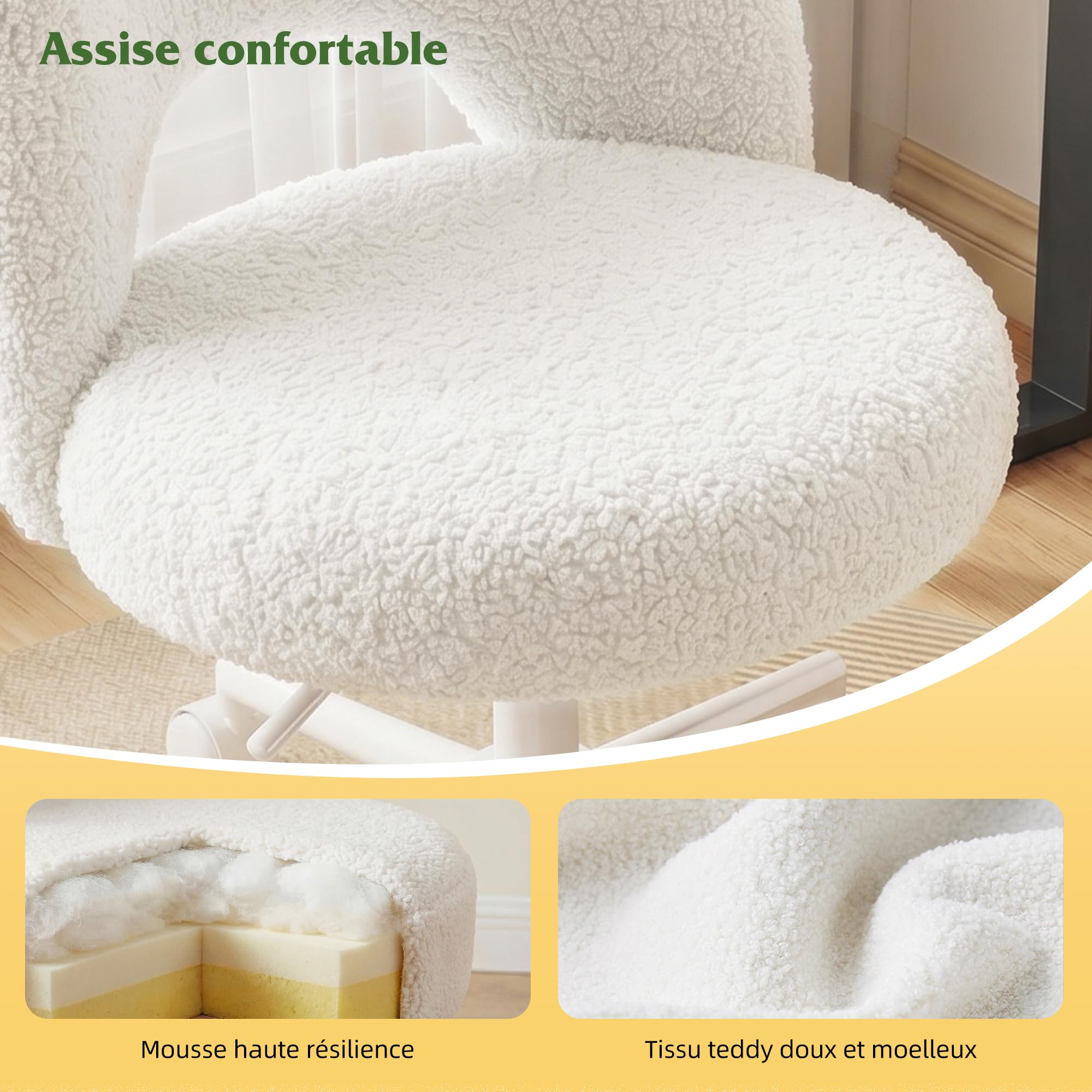 Chaise de Bureau en Roues, Chaise de Maquillage en Peluche Respirante, Chaise de Bureau Réglable en Hauteur, Chaise Pivotante pour Chambre, Salon, en Cadeau pour la Famille, 200kg, Blanc