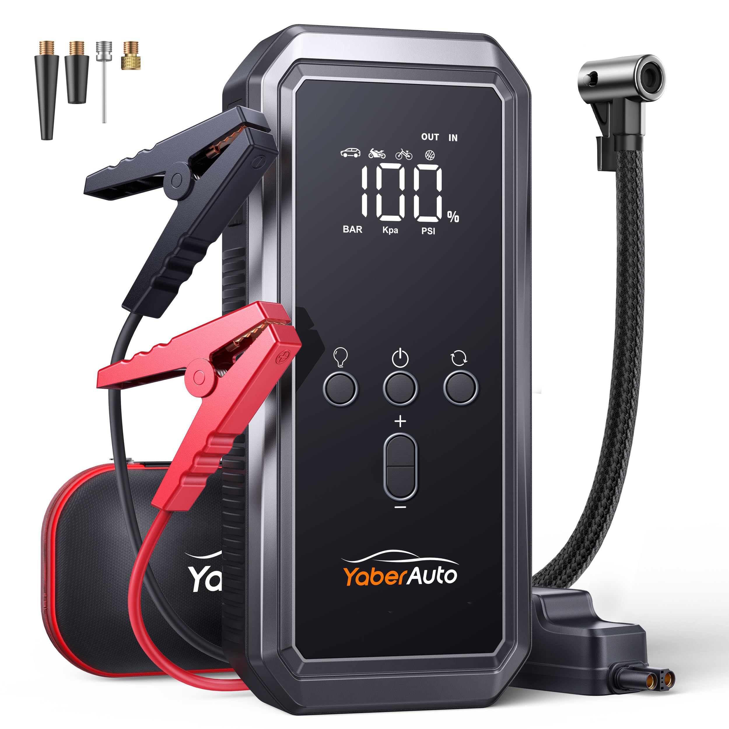 YaberAuto YA70 - Batería de arranque para coche (5000 A, con compresor de 150 psi, batería externa de 21,800 mAh con luz de emergencia de 300 lúmenes, batería externa 4 en 1 para arrancar con pantalla
