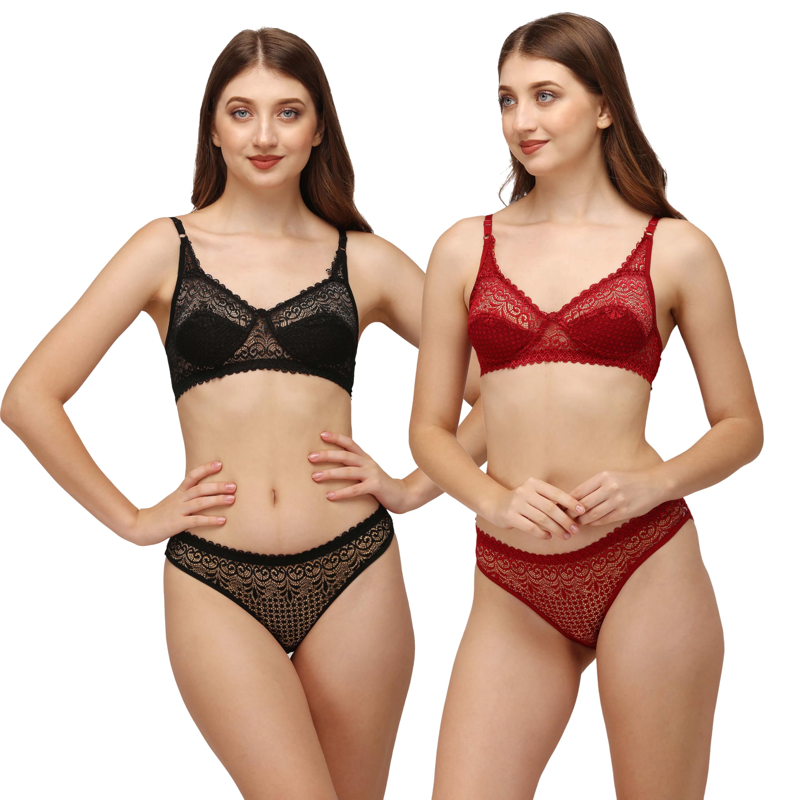 Women's Cotton and Lace Bra Panty Set Pack of 2, Non Padded Non Wired Lingerie Set, Soft Breathable Everyday Innerwear, Full Coverage Comfort Bra with Matching Panty, Multi Color-picture-14