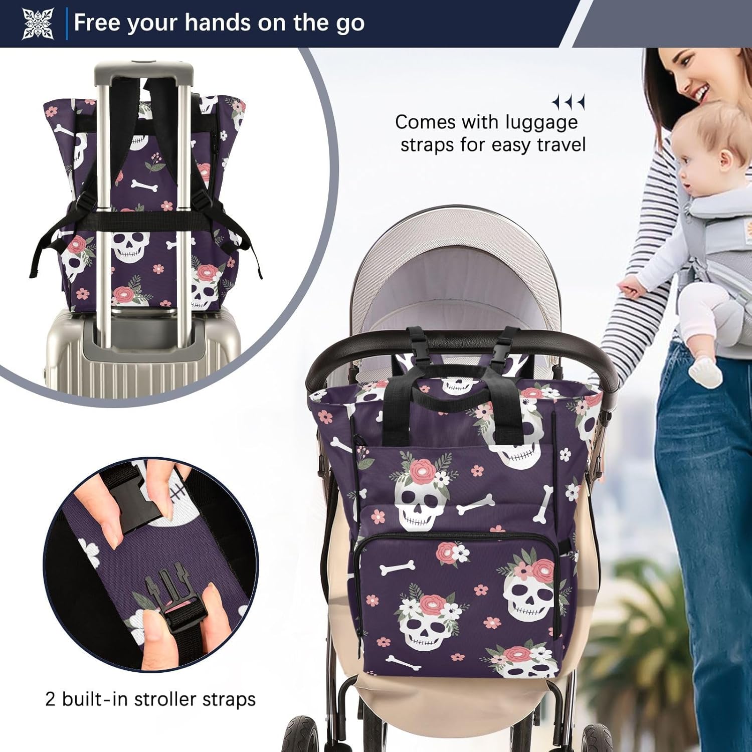 Dead Skulls Flowers Black Pattern Diaper Bag Backpack for Baby Boys Girls Multifunction Baby Essentials Travel Tote with Stroller Straps & Bottle Storage Large Travel Diaper Backpack for Baby