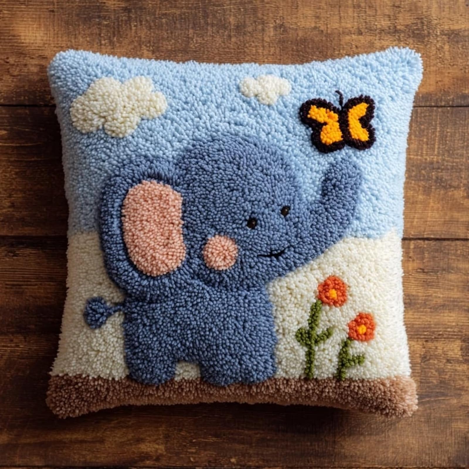 Wallustrioaw Cartoon Elephant And Butterfly Latch Hook Cushion Cover Kits 43X43cm,