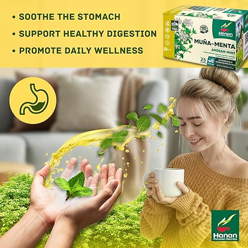 Miniatura 3 de Bolsas de té Hanan Muña  Té de hierbas de menta andina 100% natural de Perú, 25 bolsas de té tradicional de Muña del Perú, sin cafeína para la