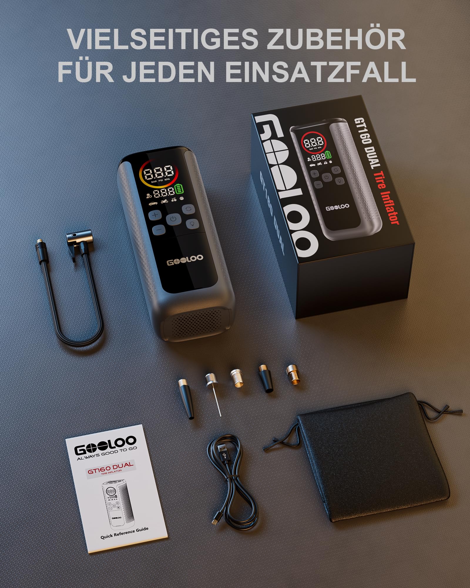 GOOLOO GT160 Dual Elektrische Luftpumpe, 160 PSI Akku Luftpumpe, 4-Fache Geschwindigkeit Doppelzylinder Kompressor Fahrradpumpe mit LED-Display, Automatischer Abschaltung für Autos, Fahrräder, Bälle