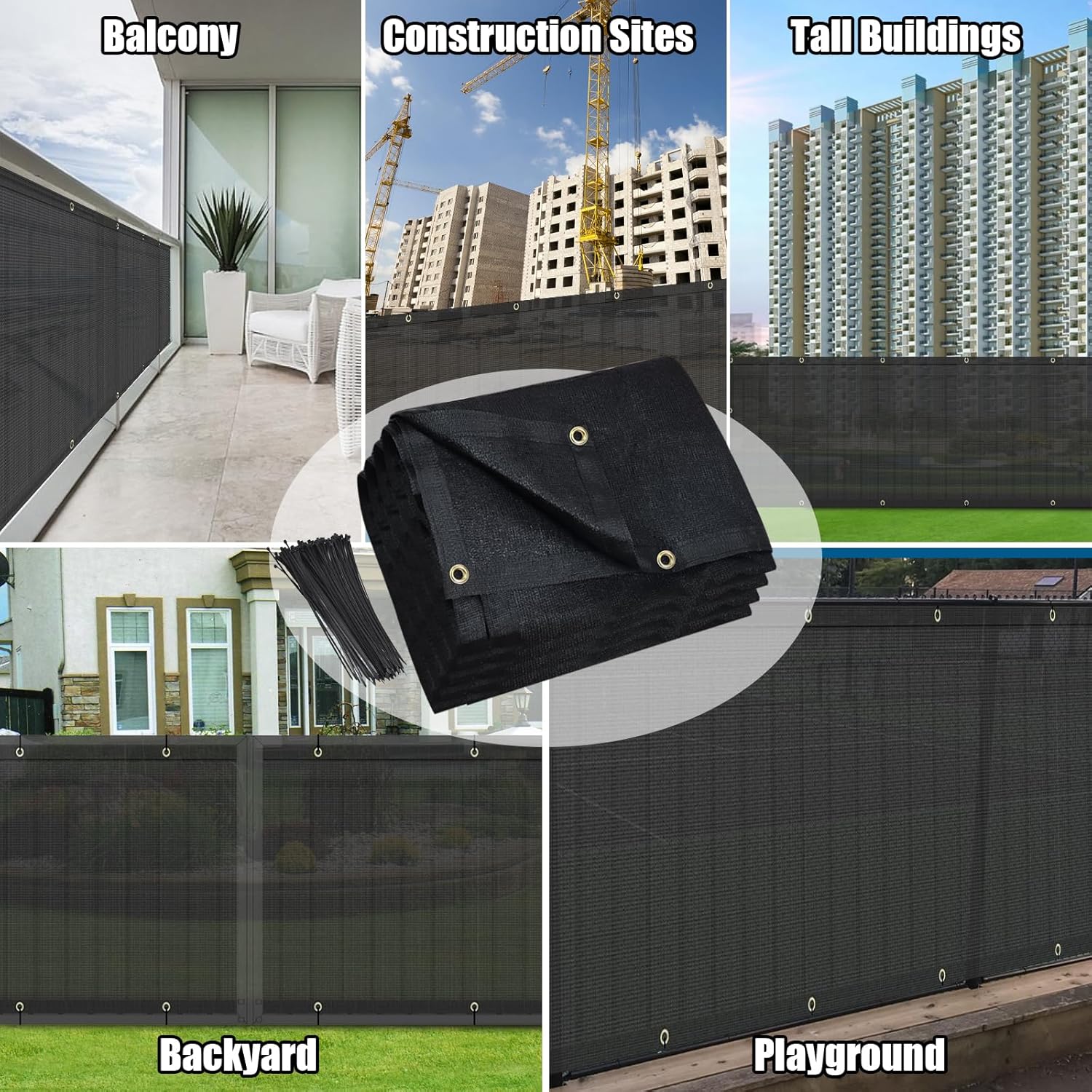 Heyroll Privacy Fence Screen, 5x50ft Shade Cloth Mesh Netting, Fence Covering for Patio/Yard/Balcony/Sun/Windy Area, 160 GSM Outdoor Screen With Grommets Cable Zip Ties, Black