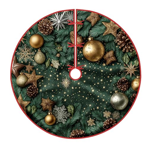 Tannenzapfen-Baumdecke, Festliche goldene Ornamente, Sterne, grüner Strickbaumrock, Weihnachtsdekoration für Zuhause, Eingangsbereich, drinnen und draußen, Fest- und Partydekoration, 91 cm (36 Zoll)
