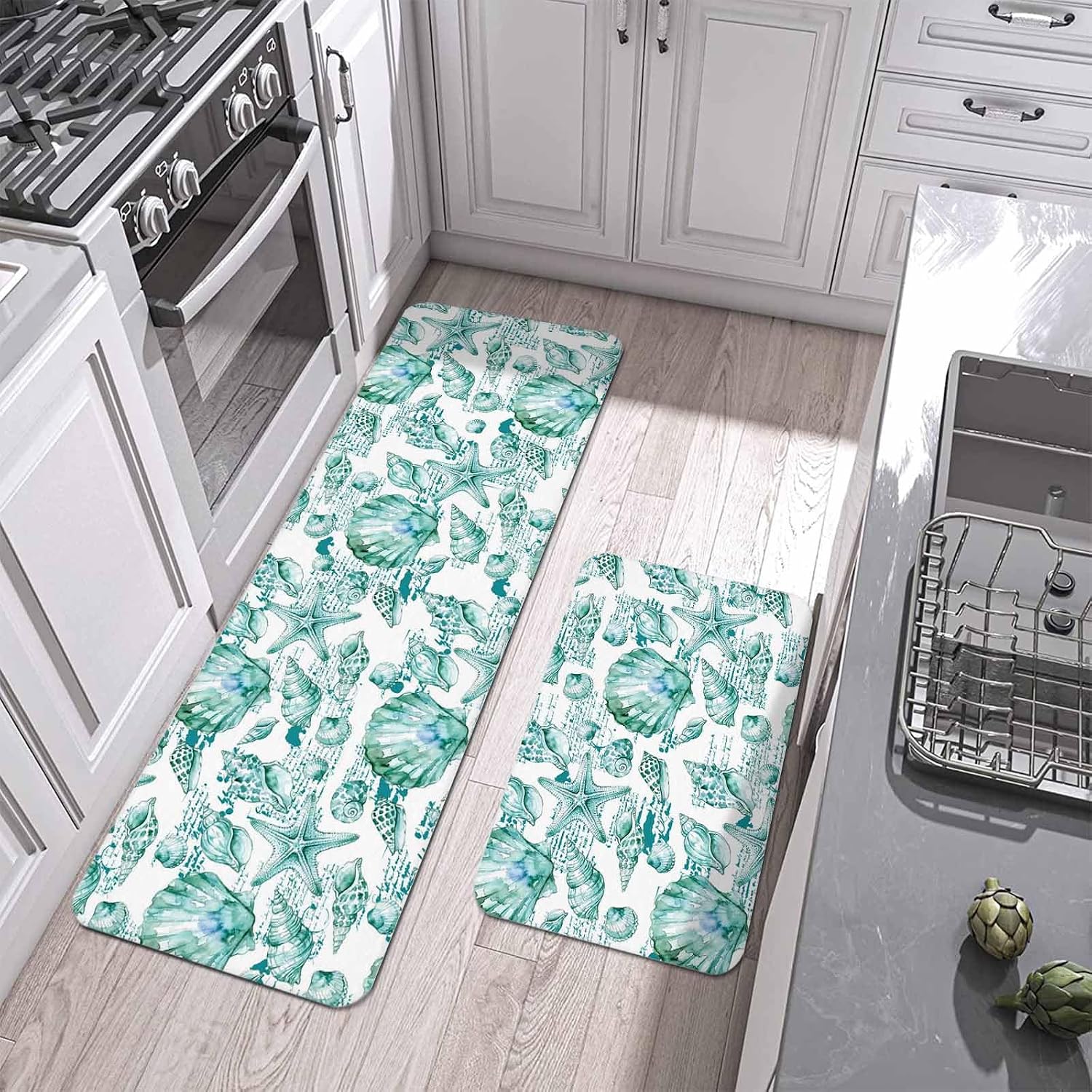 Coastal Seashell Kitchen Mat Set 2 Pieces Summer Nautical Green Shell Starfish Hampton Style Non Slip Kitchen Rugs Washable Runner Rug Mats for Floor Sink Laundry Office 23.6" x 35.4"+23.6" x 70.9"