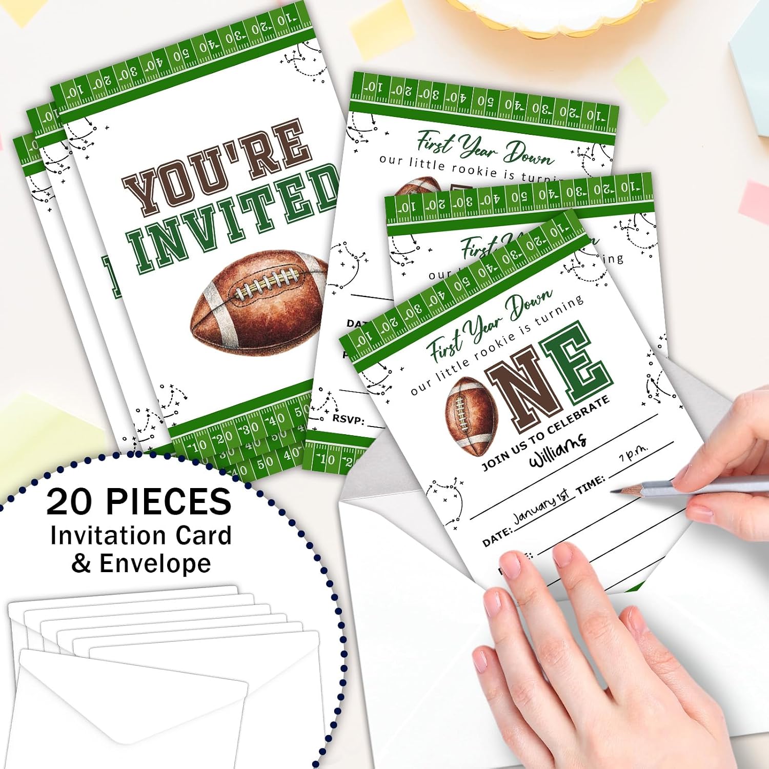 First Year Down Football 1st Birthday Invitations, 20 Pack | Football Theme | 20 Fill-In Cards with Envelopes | First Year Down | Perfect for Boys 1st Birthday & Sports Party