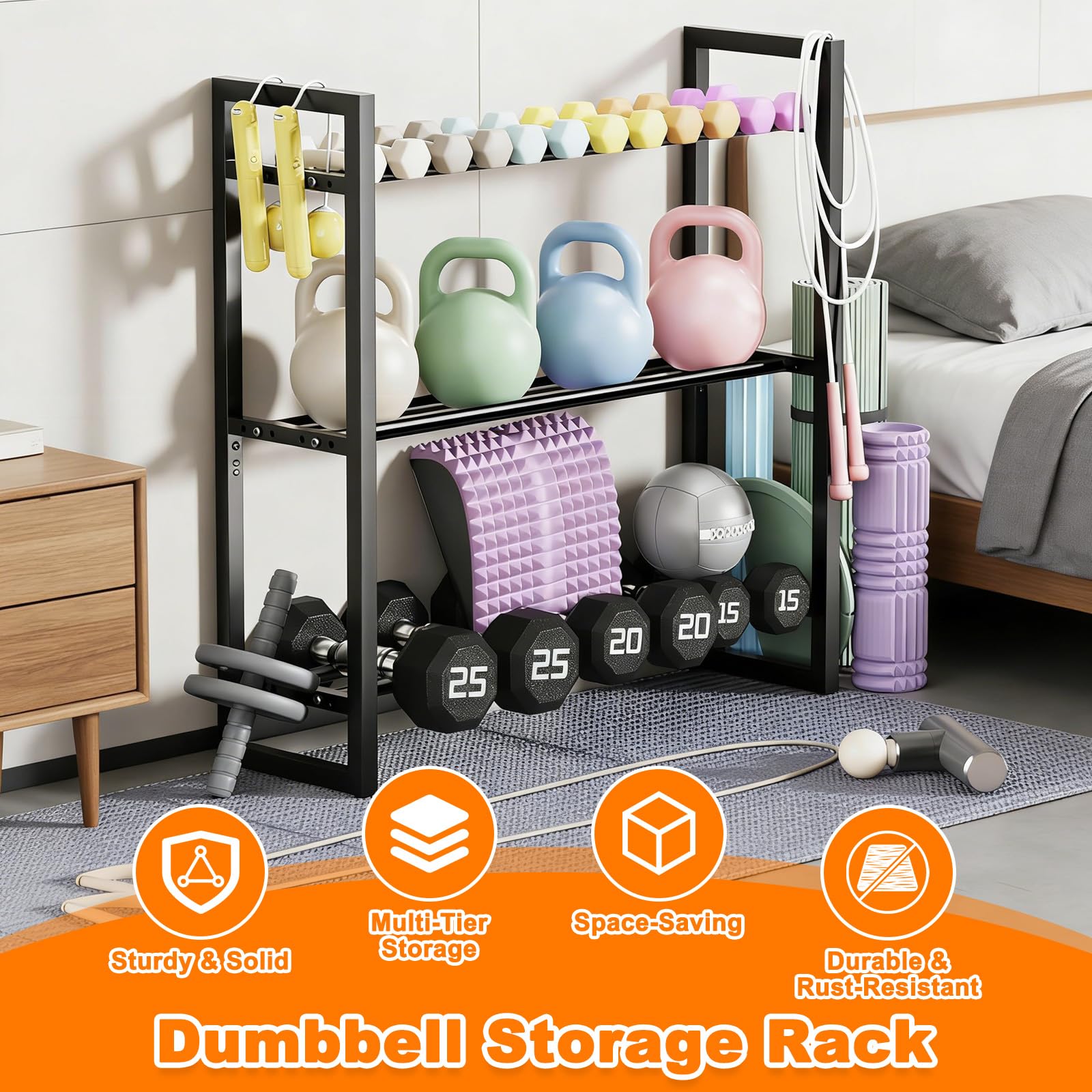 3 Livelli Porta Manubri Regolabile, Supporto Kettlebell, Scaffale per Manubri Metallo Resistente, Rastrelliera Pesi Salvaspazio, Organizzatore Attrezzatura per Casa, Palestra (Capacità 360 LB)