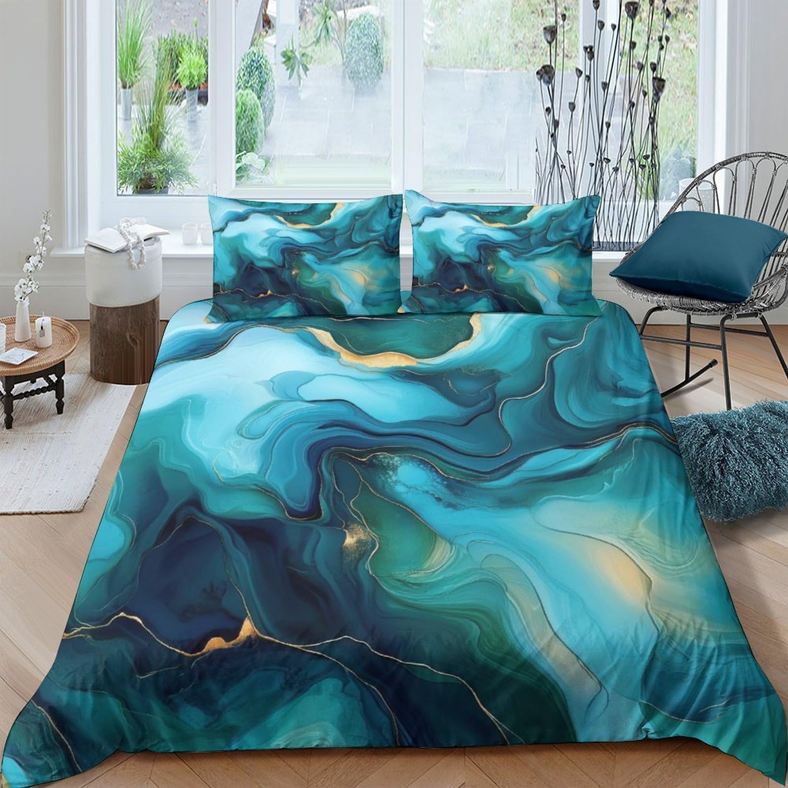 Ctjqhvkz Style-5 3D Printed Ocean Marble Fitted Sheet Microfiber Soft Blue Green Abstract Waves Mattress Cover Bedroom Decor Single（135X200cm）