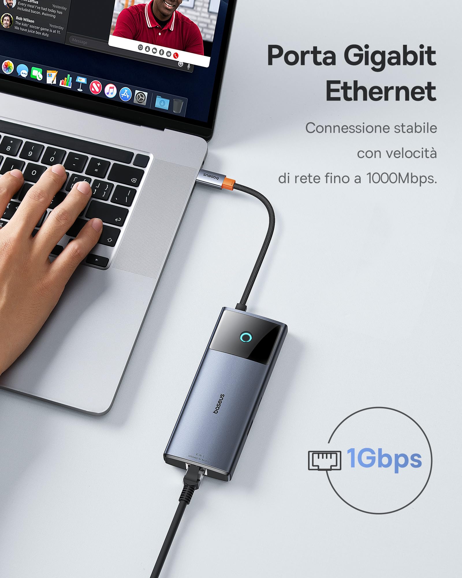 Baseus Hub USB C 10Gbps Adattatore USB 3.2 con Gigabit Ethernet, 4K@60Hz HDMI, 2 USB-A, USB-C, 100W PD, 6 in 1 Docking Station per iPhone 15, Computer per MacBook/Surface/Dell/iPad/Steam Deck/Samsung