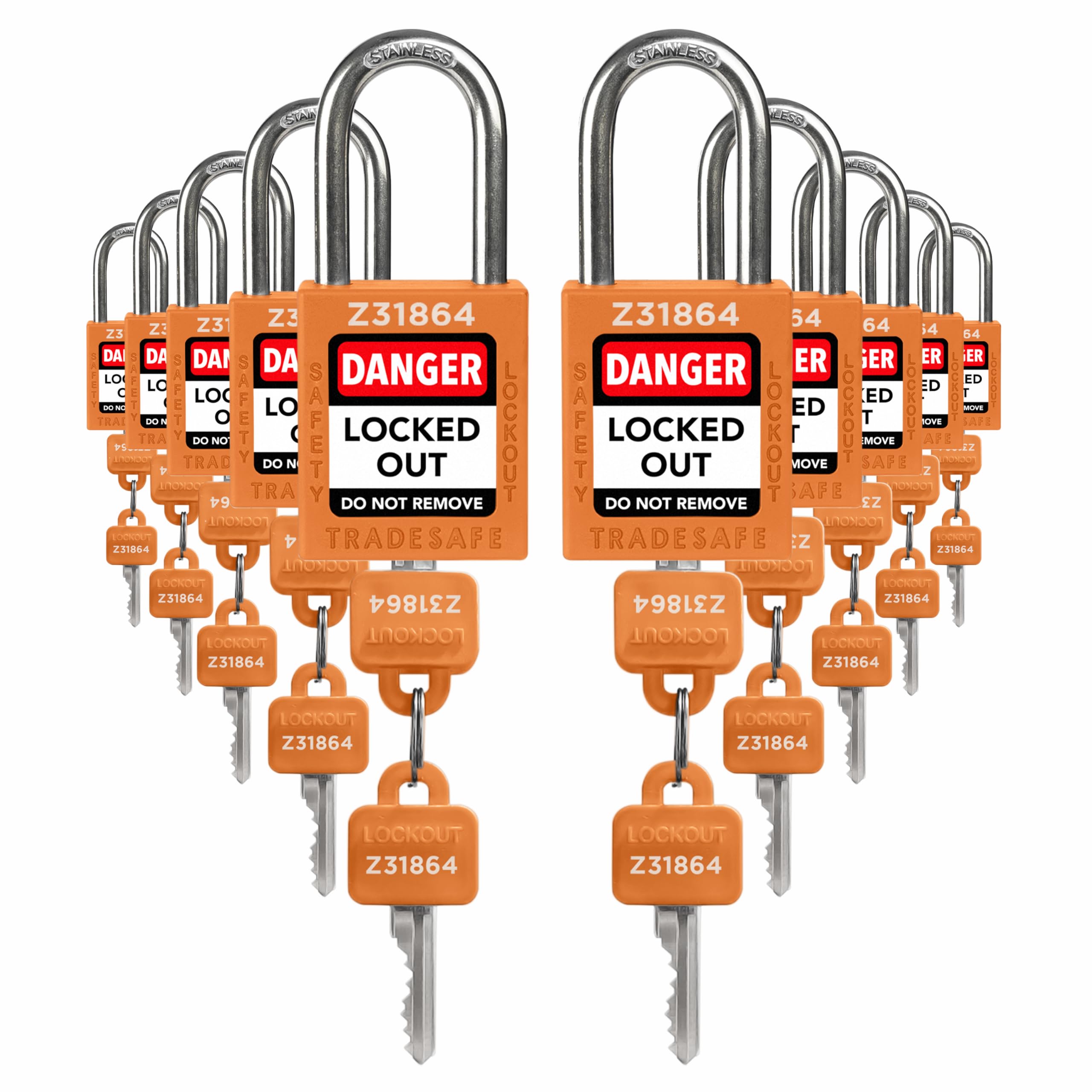 TRADESAFE Lockout Tagout Locks Set - 10 Orange Keyed Alike Padlocks, 2 Keys Per Lock, OSHA Compliant Loto Locks for Lock Out Tag Out Stations, Premium