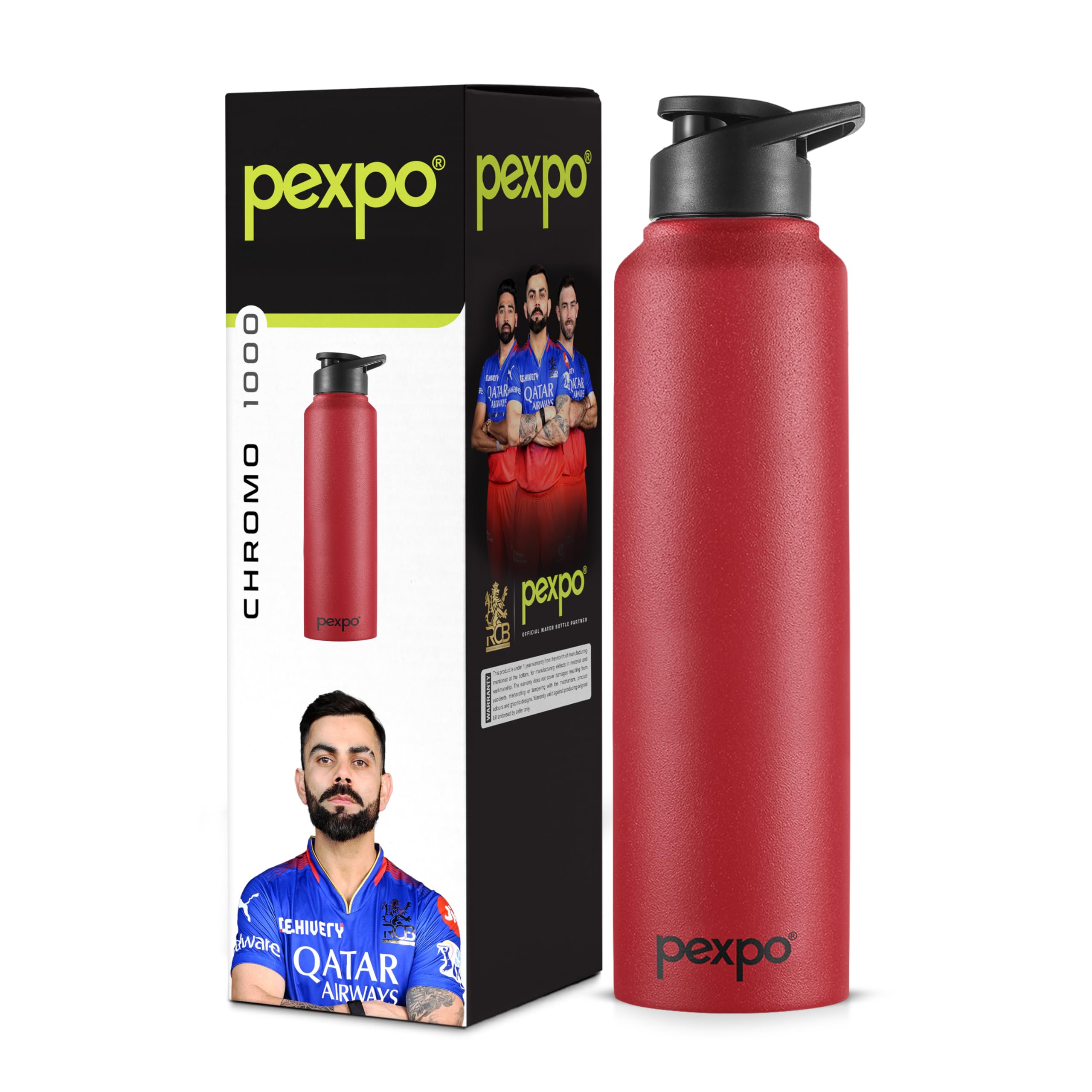 PEXPO Chromo Pro 1000 ISI Certified Stainless Steel Sports/Fridge Sipper Water Bottle - 950ml| RCB Edition | Single Wall | Leakproof | Lightweight | For Home, Office, Gym, Travelling - Crimson Red