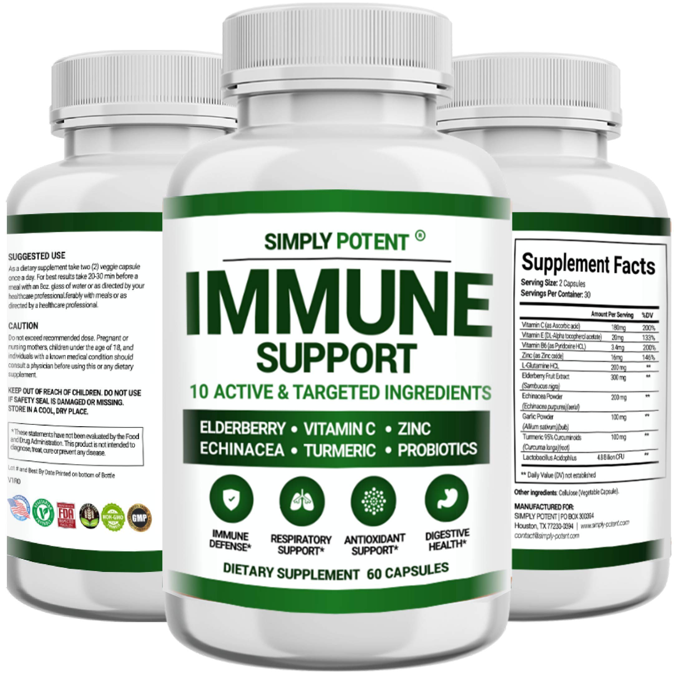 Immune Support Supplement, 10 in 1 Immunity Booster Blend of Elderberry, Vitamin C, Zinc, Echinacea, Turmeric, Probiotics & Antioxidants for Immune Defense, Respiratory & Digestive Health, 60 Pills