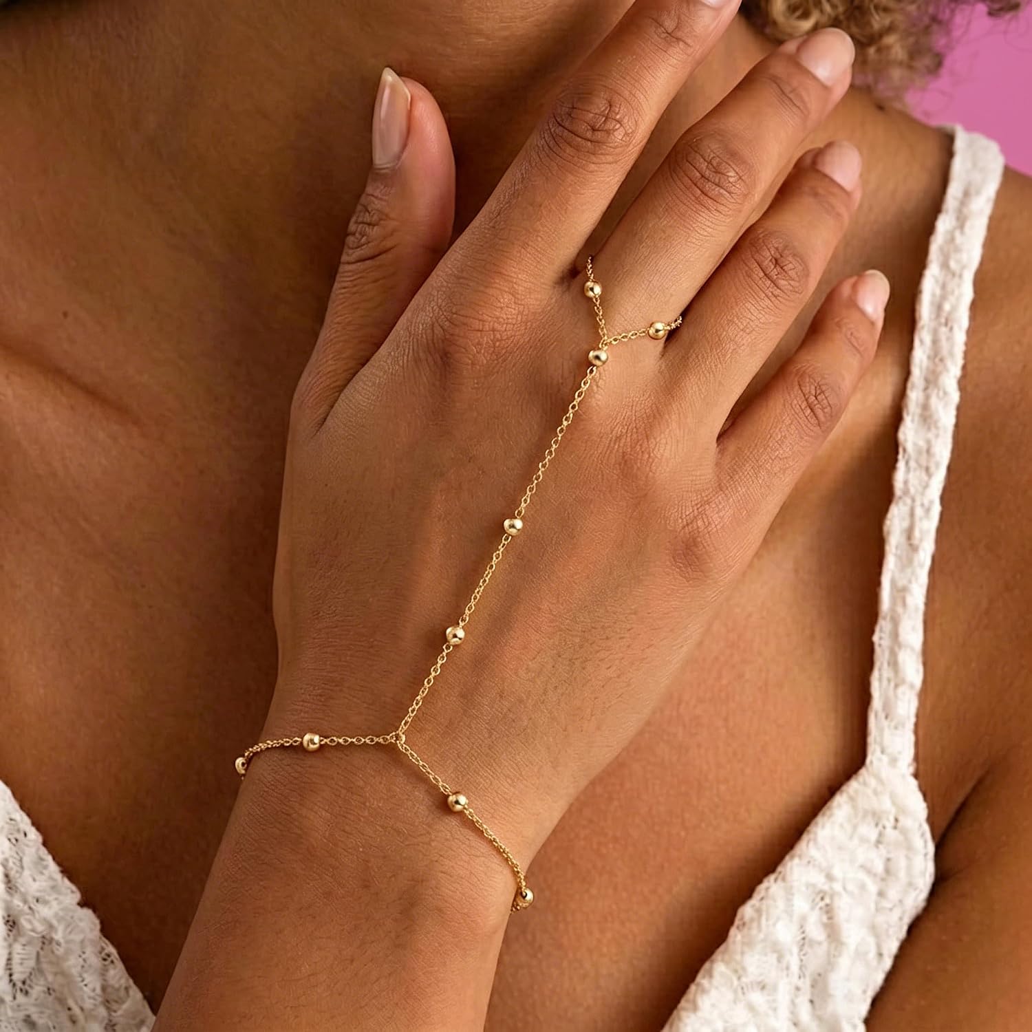 Eaciy 3PCS Gold Hand Chain Bracelets for Women, 18K Gold Plated Dainty Stackable Hand Chain Bracelet Ring Gold Bracelets for Women Gold Jewelry Set