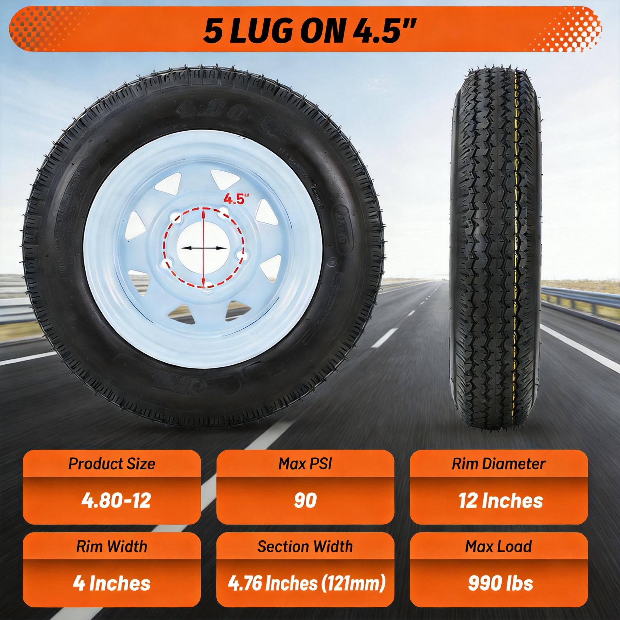 2-Pack 4.80-12 Trailer Tires On 12" 5-Lug Rims – 6PR Load Range C, 990 Lbs Each