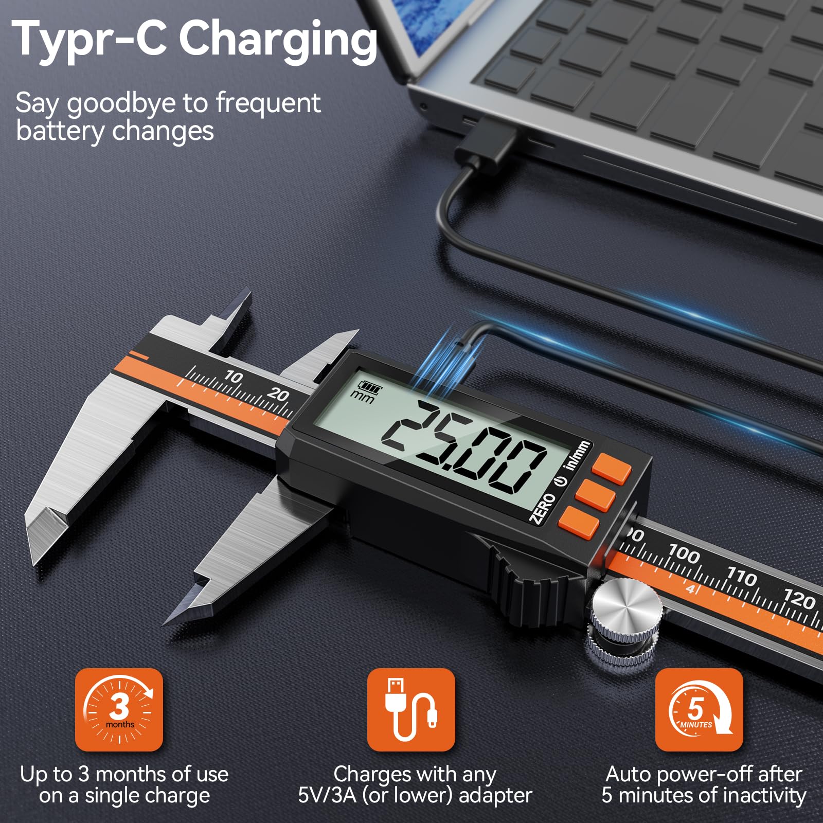 Preciva Digitale Messschieber, Schieblehre 0-150mm/0-6 Zoll Messlehre mit LCD-Anzeige Type-C Aufladbar Messwerkzeuge (Schwarz mit Orange)