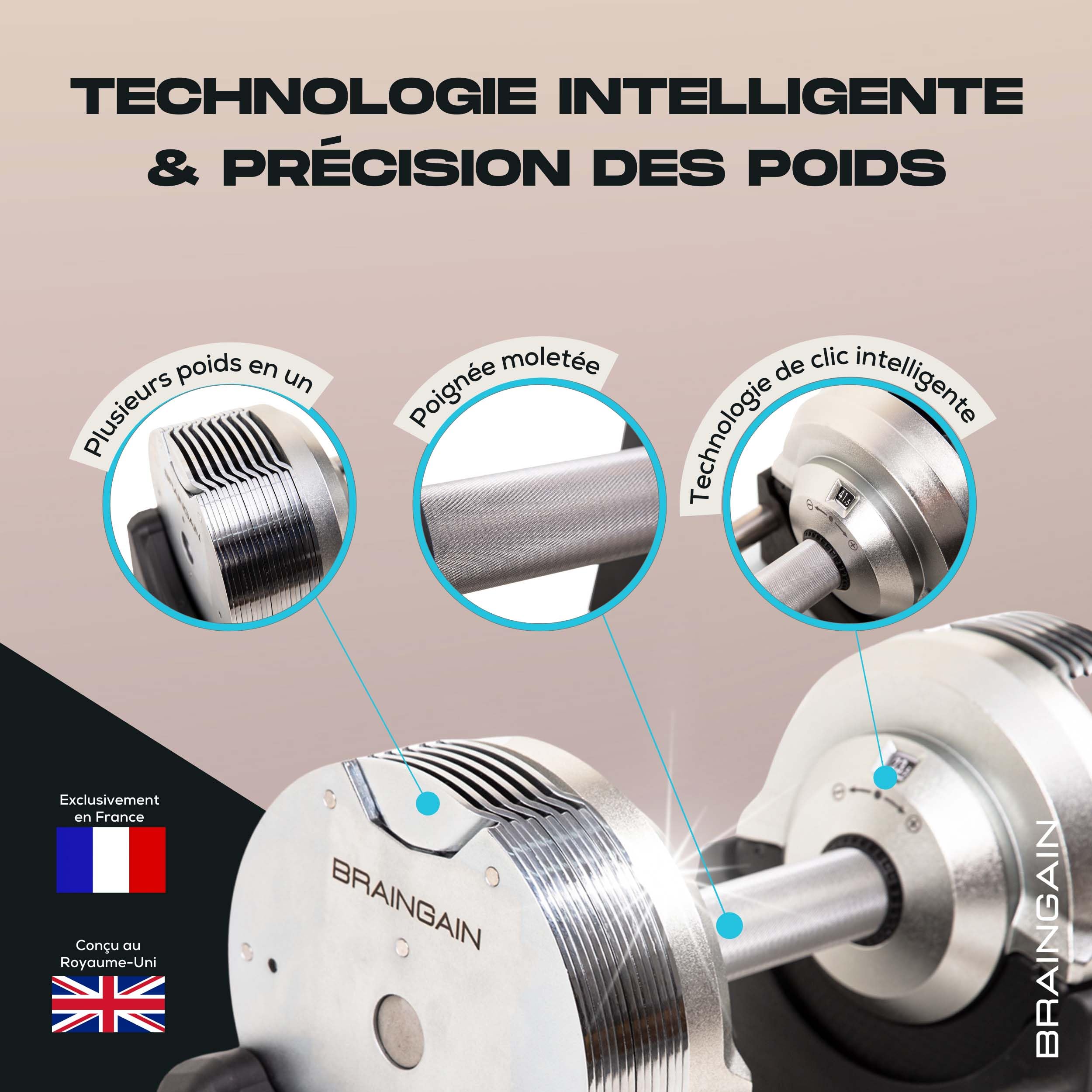 BRAINGAIN Haltères réglables - 23,5kg, 32,5kg, 41,5kg Chrome/Noir - Poids polyvalents pour la musculation à domicile
