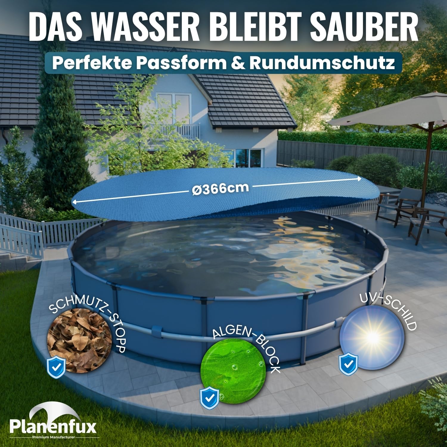 Planenfux® 400µm Solarplane Pool Rund 366cm inkl. Befestigung | UV, Chlor- & Salzwasser-Resistente Pool Solarfolie | Solarabdeckung | Individuell zuschneidbare Solarabdeckung zum Poolwasser erwärmen