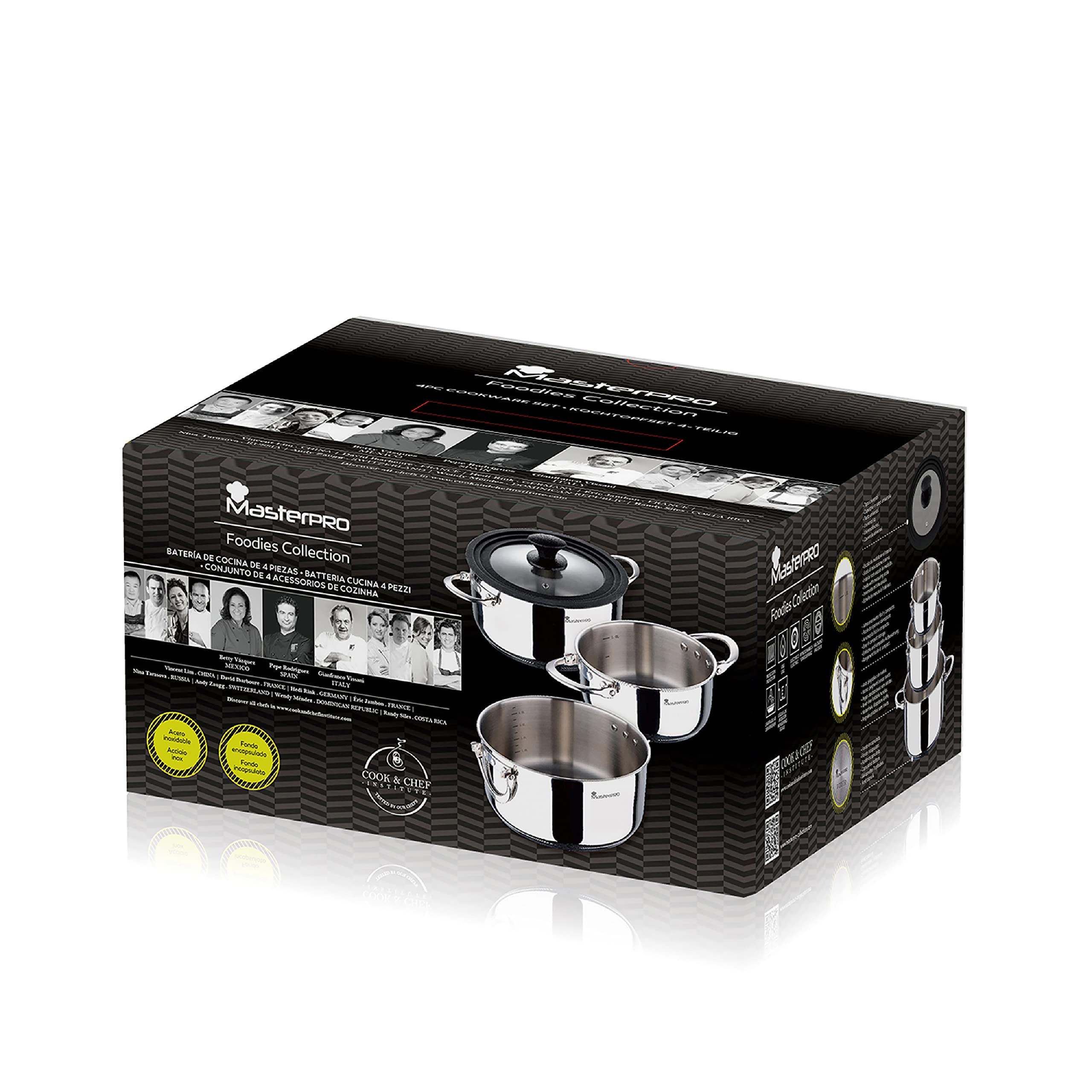 MasterPRO Foodies - Batería de Cocina - Set de 4 Piezas Con Cacerolas de 16, 20 y 24 cm y Tapa de Cristal - Fabricadas en Acero Inoxidable - Compatibles con Todo Tipo de Cocinas