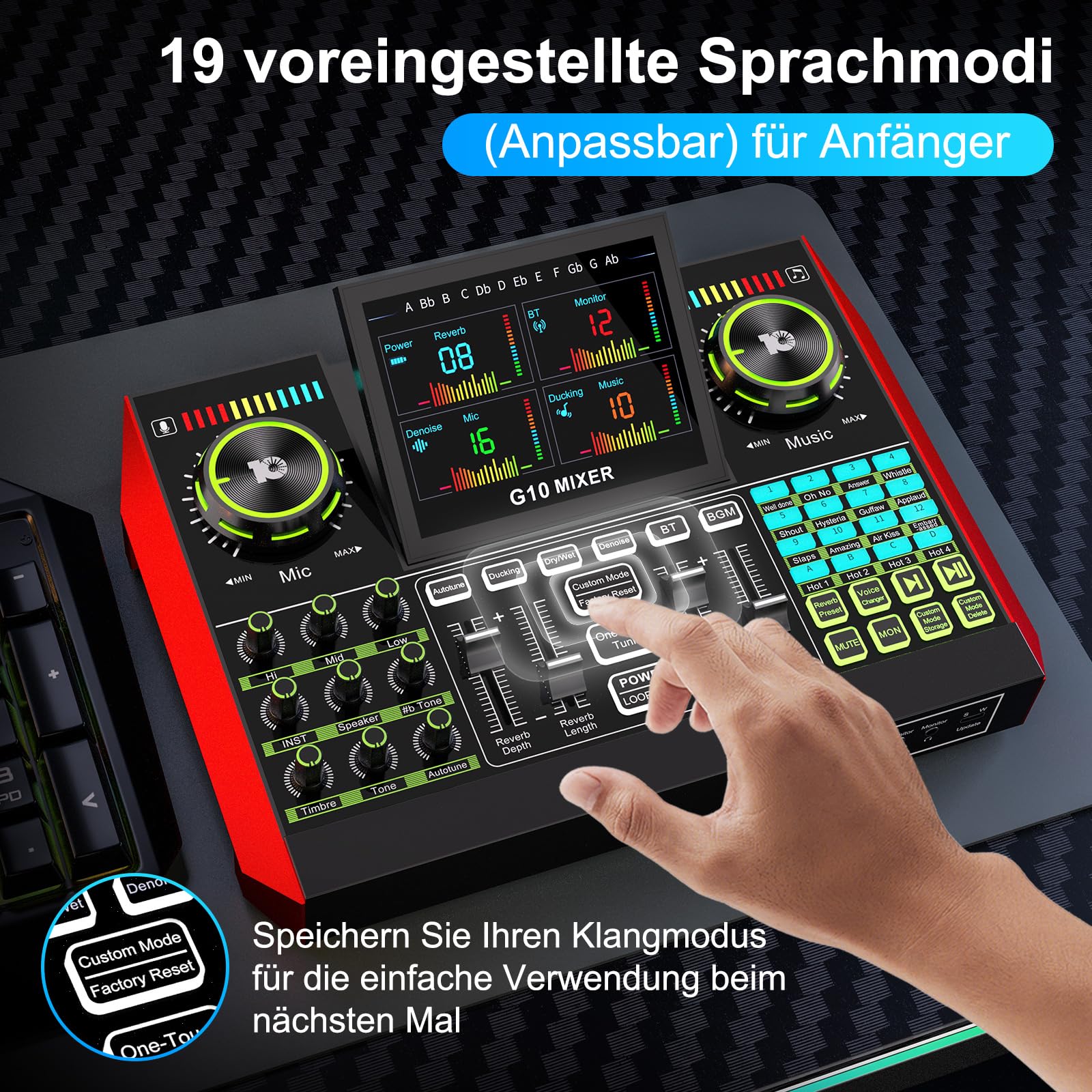 TENLAMP G10 Podcast-Equipment, Audio-Interface mit Soundeffekten, 3,5mm Kondensatormikrofon, Mikrofonarm, Latenzfreies Hardware-Autotune, Echtzeit-Monitoring, Rauschunterdrückung, für PC, Handy
