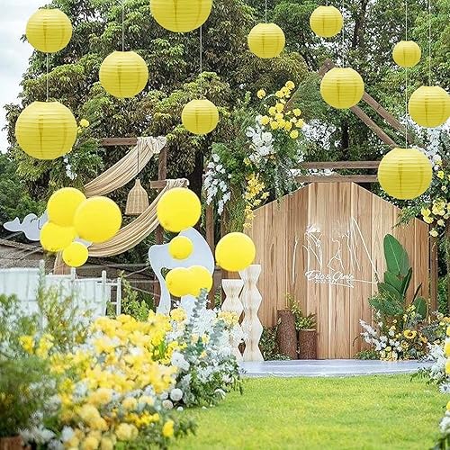 Miniatura 7 de Faroles de papel para decoración de fiesta, linternas de papel chinas redondas decorativas para colgar, faroles de papel amarillos, juego de 12
