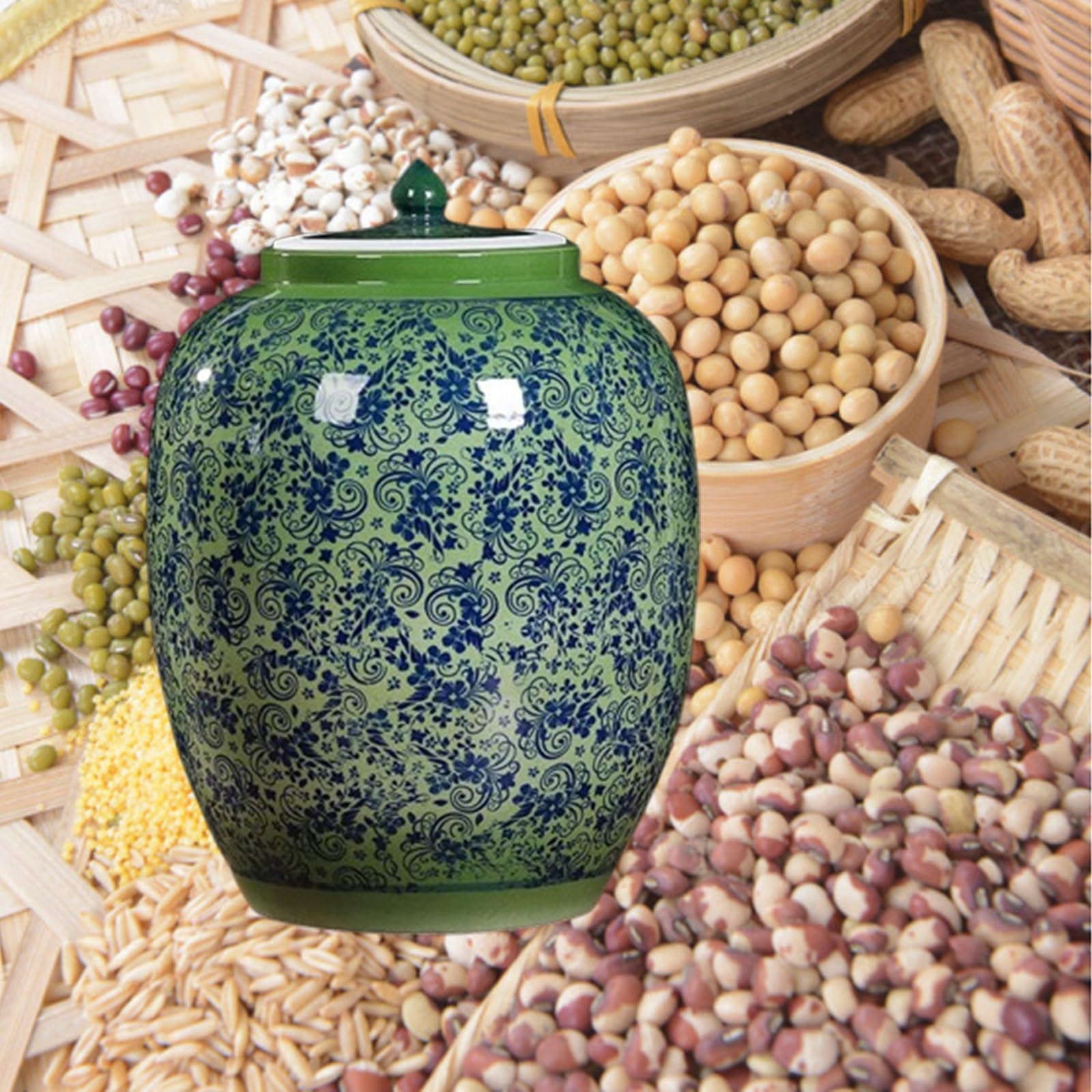 Ceramiczny słoik do przechowywania żywności z pokrywką, hermetyczny dozownik ryżu, trwały ceramiczny pojemnik na ziarna, przekąski, cukierki, ziarna kawy i nie tylko