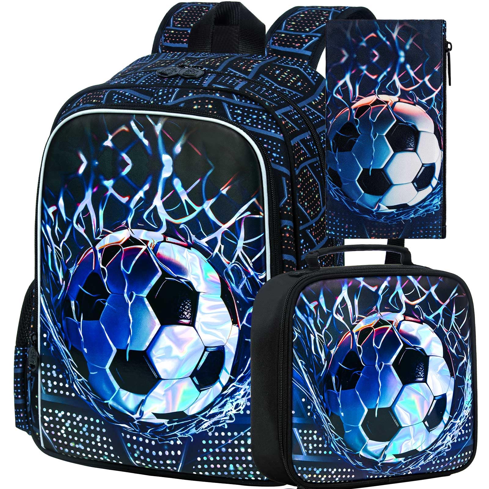 TXHVO 3Pcs Soccer Backpack for Boys, 17" Kids School Bookbag with Lunch Box, Football Backpacks Set for Elementary Preschool Kindergarten(Black)