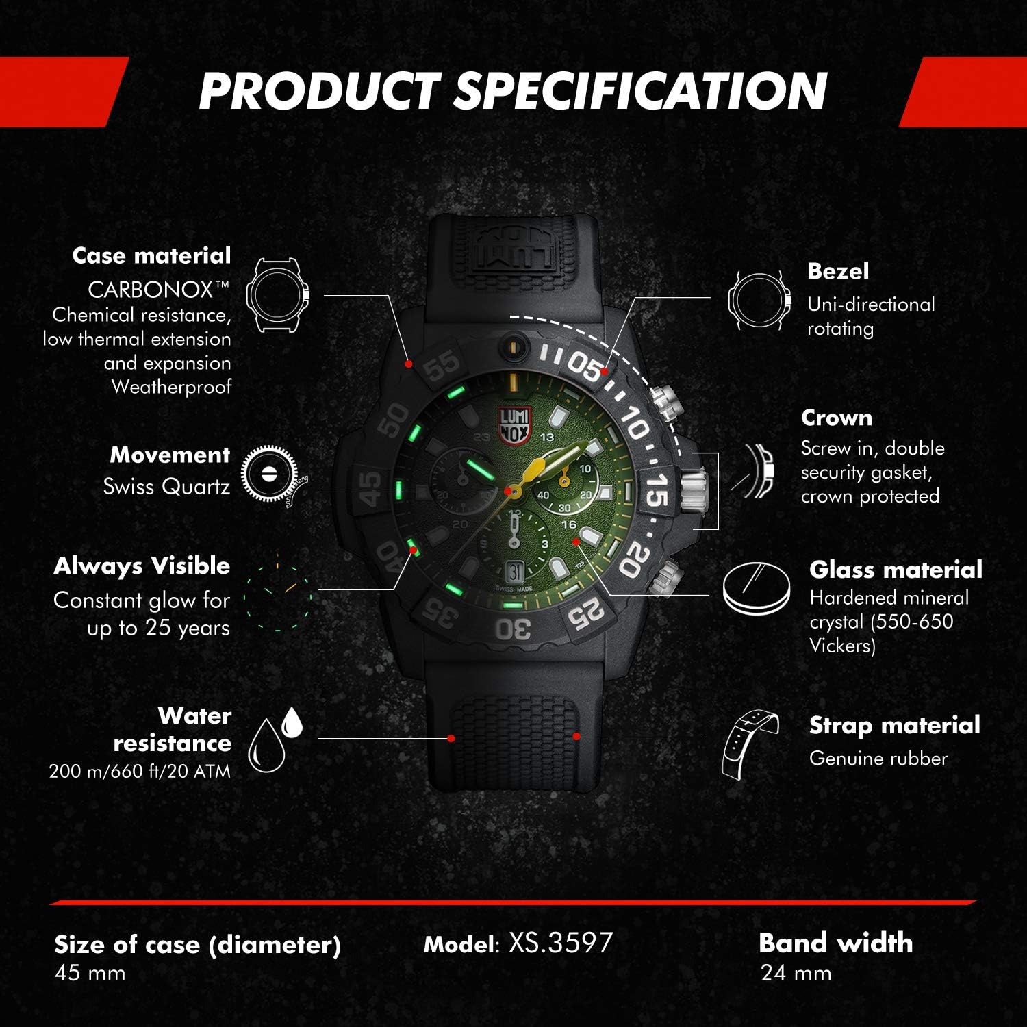 Miniatura 3 de Luminox Navy Seal XS3597 - Reloj de buceo militar de 1772in con función de fecha cronógrafo 6562ft resistente al agua Negro Cronógrafo reloj de buceo