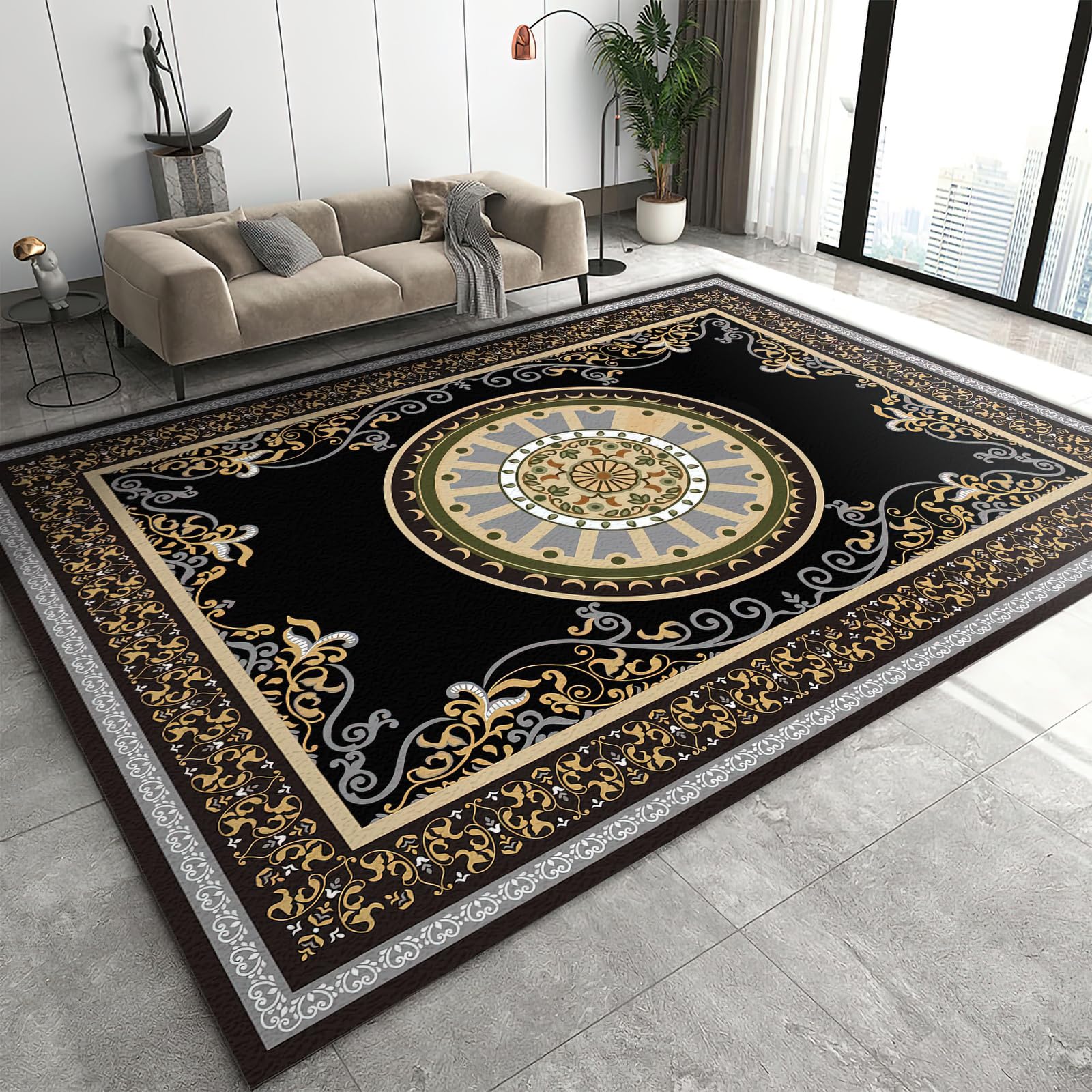 Vintage Boho Art Area Rug, Classical Black Gold Geometry Pattern Indoor Non Slip Living Room Rugs, Machine Washable Breathable Durable Carpet for Sofa Mat Bedroom Home Decor - 2 ft x 6 ft