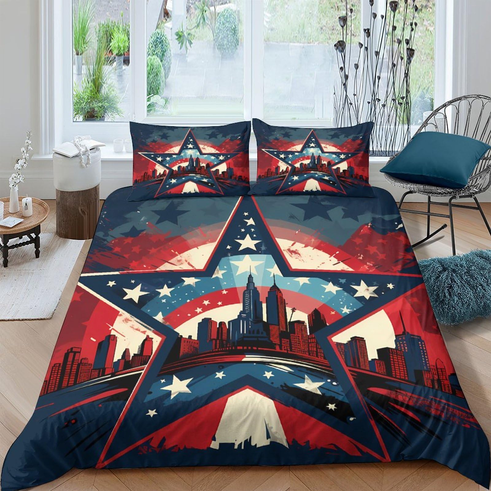 Ctjqhvkz Style-5 3D Printed American Flag Cityscape Fitted Sheet Microfiber Soft Bed Cover Star Pattern Bedroom Decor Single（135X200cm）