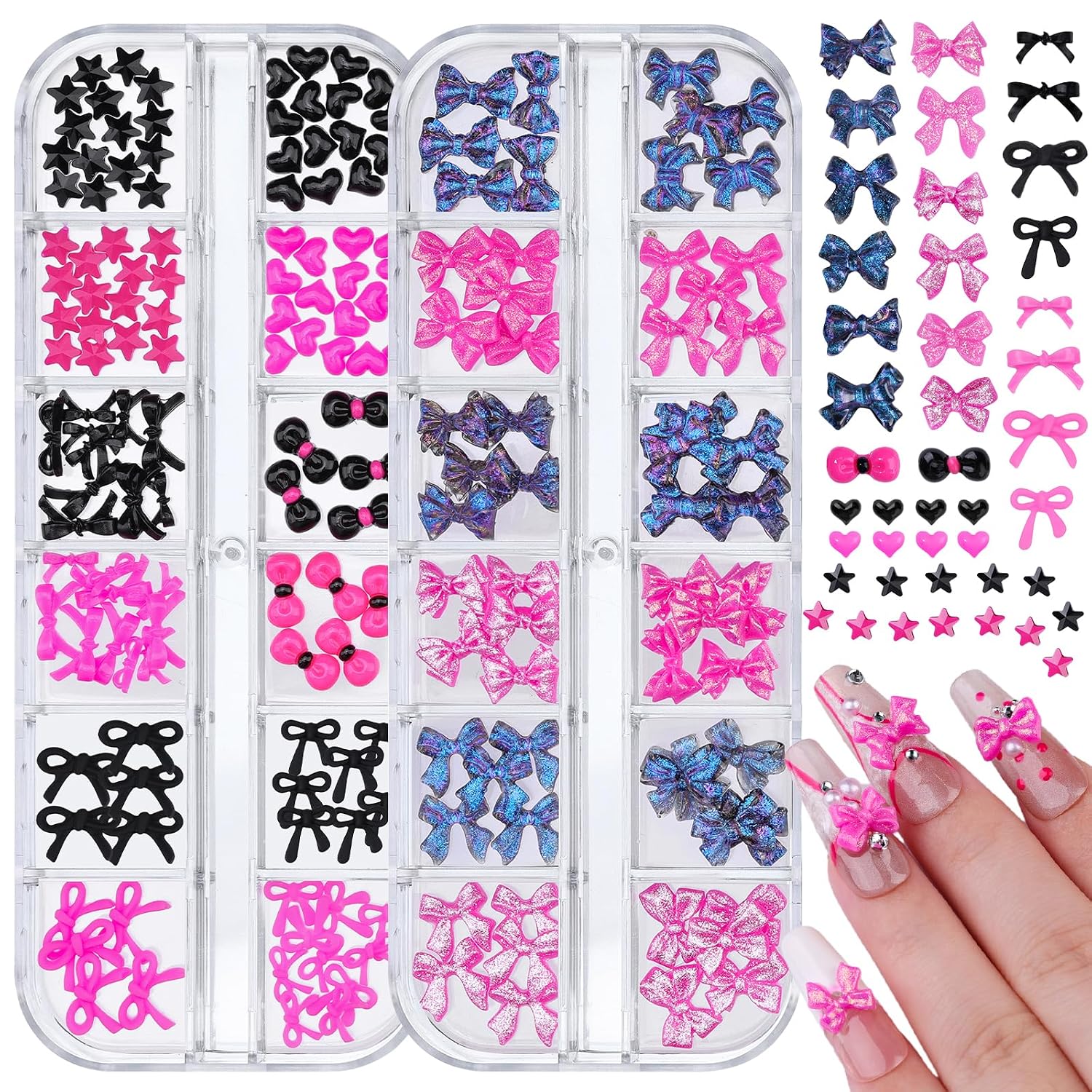 2 Boxes 3D Bow Nail Charms, Mixed Color Bowknot Nail Art Charms Resin Flatback Cartoon Bows Stuff Cute Small Heart Star Nail Decorations for Women Nails DIY Crafts(Rose Red Black)