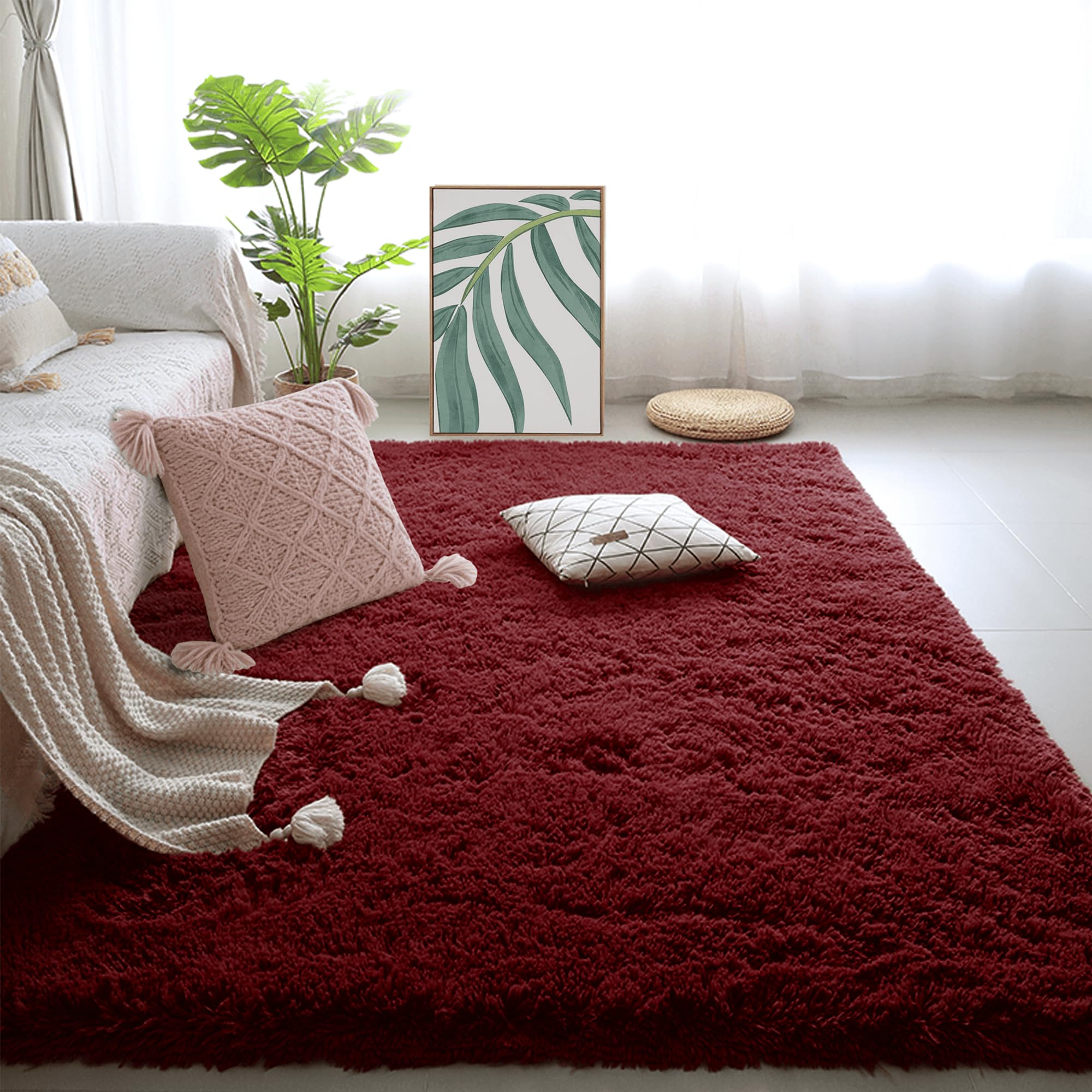 Tapis de salon shaggy 190x240cm rouge vin moquette lavable