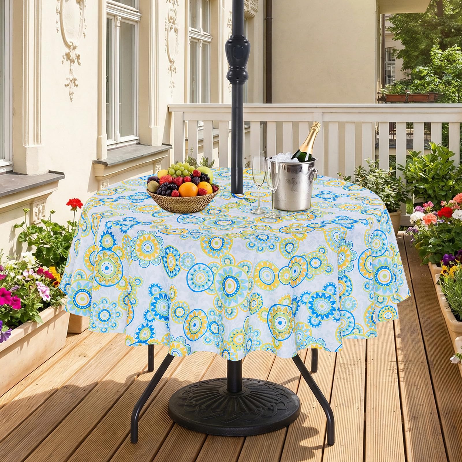 Eternal Beauty 70" Round Tablecloth Waterproof Outdoor Tablecloth with Umbrella Hole Zipper for Spring Summer Patio Picnic Tables (Floral Circle, 70" Round)