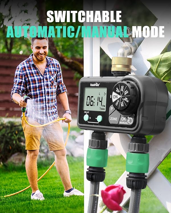RAINPOINT Brass Sprinkler Timer 2 Stations, Large Digital Water Timer for Garden Hose with 6 Programmable Procedure, with Delay/Manual/Auto Irrigation Mode for Week/Specific/Daily Watering by RAINPOINT - Image 4