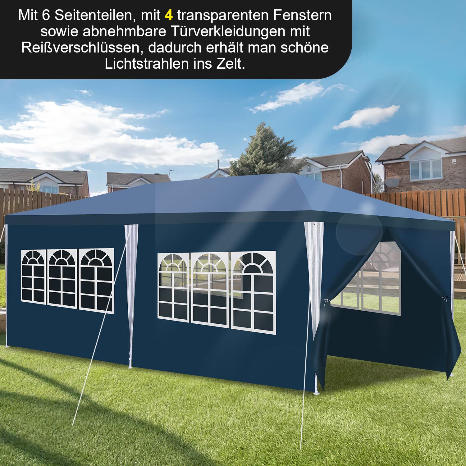 Gimisgu Pavillon Wasserdicht Gartenpavillon 3x6m UV-Schutz mit 6 Seitenteilen und Fenstern Hochwertiges Partyzelt Gartenzelt Blau für Garten Party Familientreffen