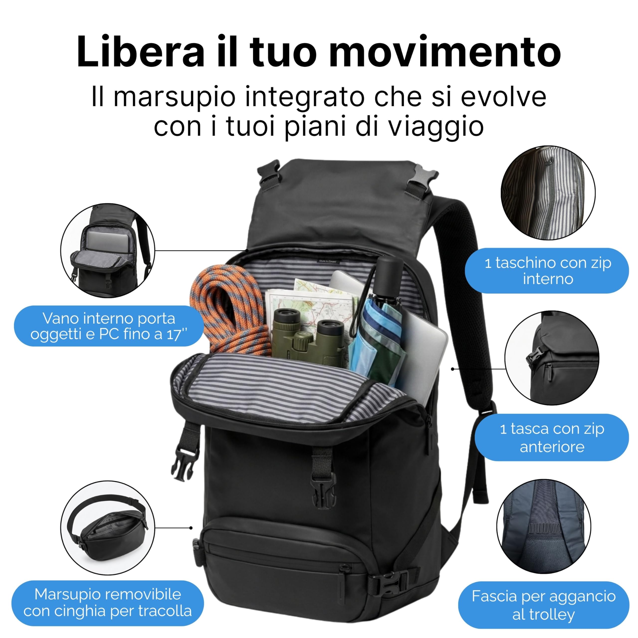 MASC Zaino Grande da Viaggio perfetto per Trekking, Campeggio e Montagna. Marsupio Rimovibile integrato, ideale anche come Zaino da Lavoro porta PC