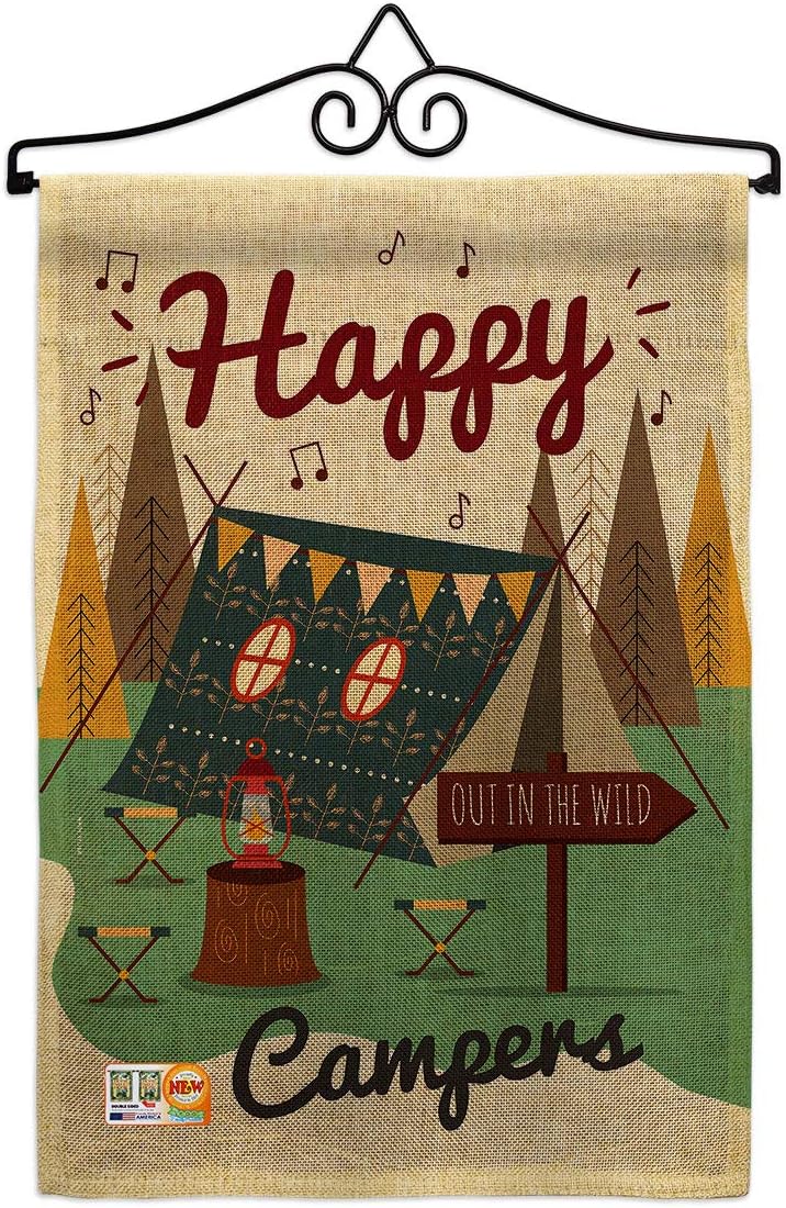 Happy Campers Garden Flag Set Wall Holder Outdoor Camping Rustic Camper RV Trailer Adventure Camp Site Campfire Small Decorative Gift Yard House Banner Made In USA 13 X 18.5
