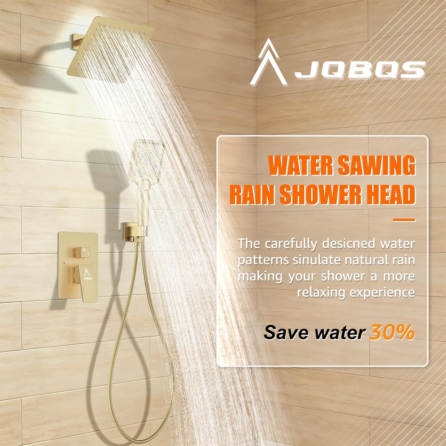 Shower System Modern Rain 8 inches Brass Faucet Set With Valve and Diverter Shower Mixer With Handheld High Pressure Square Rainfall Shower Valve (8'' Wall Mount, Brushed Gold)