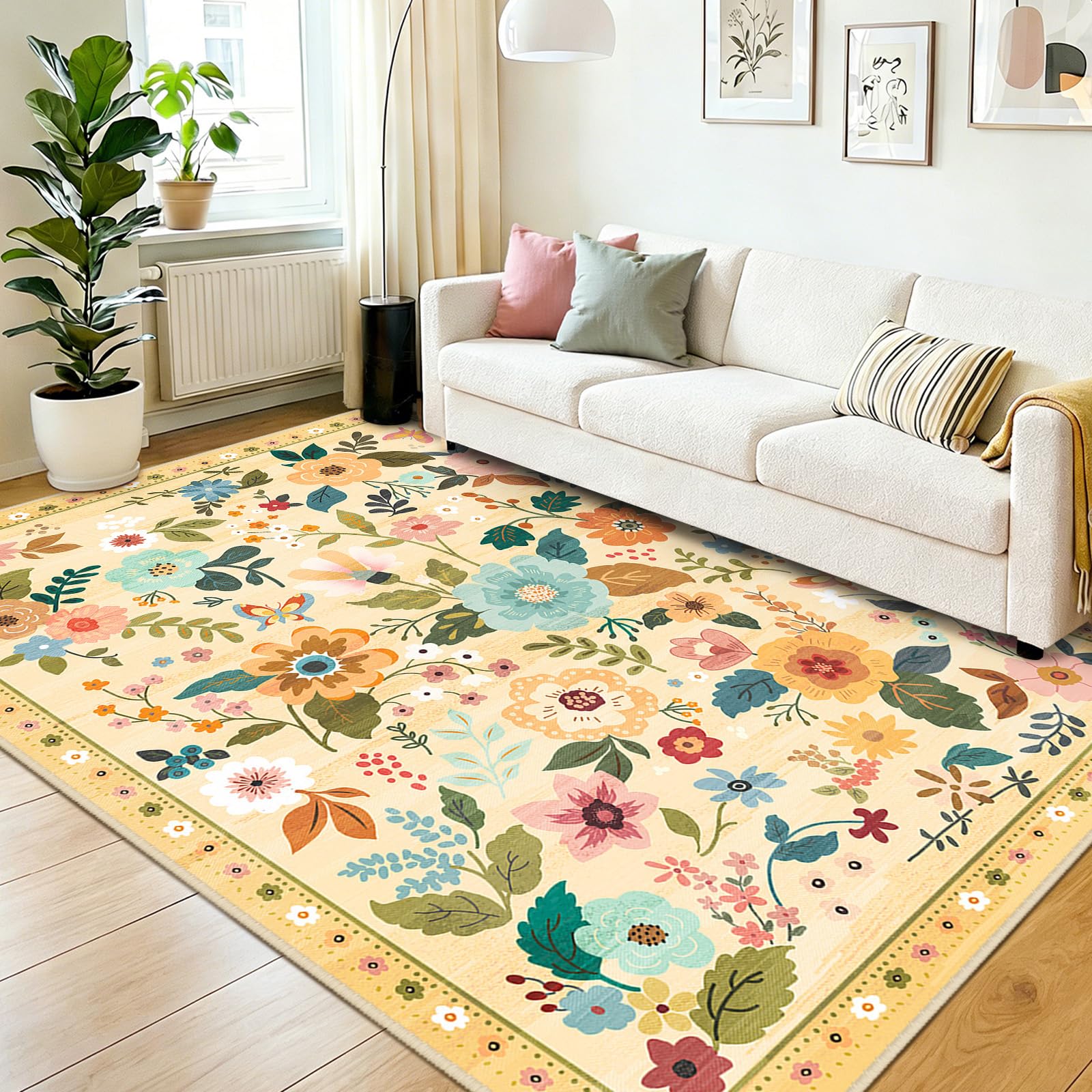 DEFYNEE Machine Washable Rugs Living Room, 180×270cm Floral Rug, Non-Slip Low Pile Boho Vintage Floral Carpet with Printed Design for Kids Room, Bedroom, Kitchen, Entryway, Lounge, Ivory/Yellow — image 1