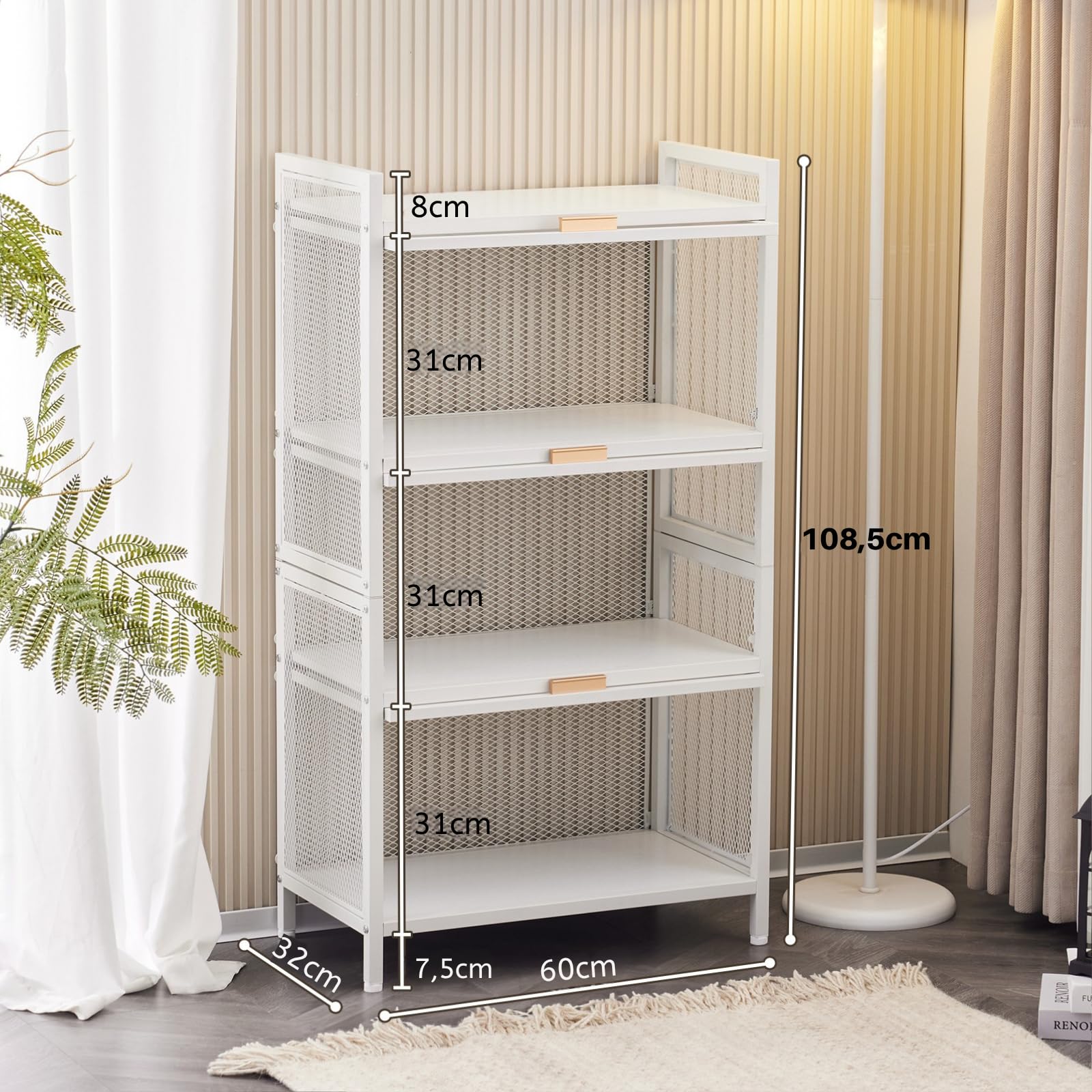LEADZM 4-stufiges Küchenschrank, Buffetschrank, Küchenregale Stehend, Mikrowellenschrank mit halbtransparenter PC-Tür, Bäckerregal, Standregal, Lagerregal für Küche Wohnzimmer (Weiß, 4)