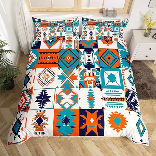 Juego de ropa de cama de retazos étnicos del suroeste, tamaño King, occidental, bohemio, funda de edredón nativa, tribal, azteca, hippie, funda de