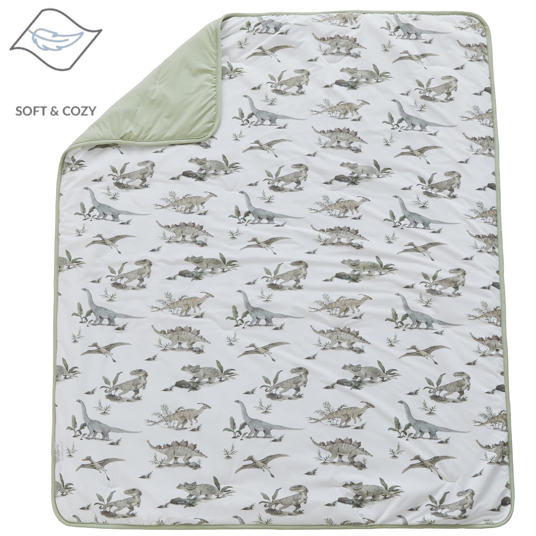 Brandream Juego de ropa de cama para cuna de bebé, 3 piezas, patrón de dinosaurios, elástico, ultrasuave, de punto, sábana bajera, falda de cama para cuna, color verde