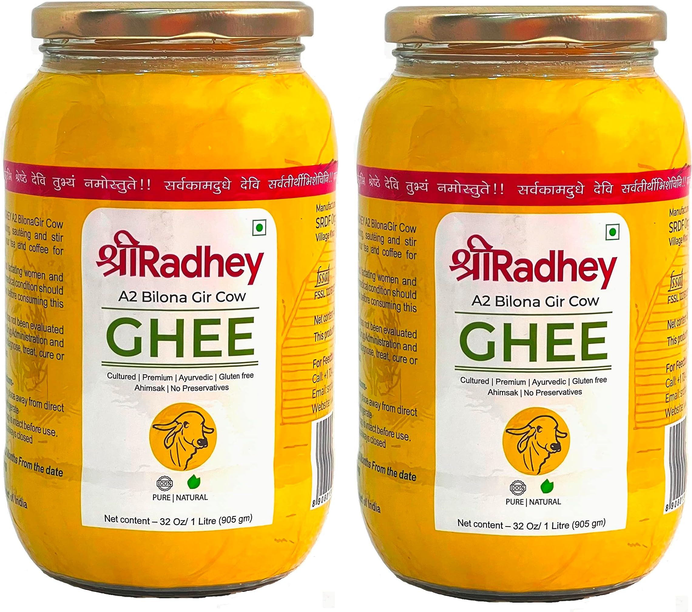 SHREERADHEY A2 Bilona Gir Cow Ghee | 1 Litre x 2 | Glass Bottle | Traditional Bilona Method | Lactose And Gluten Free | Keto Friendly