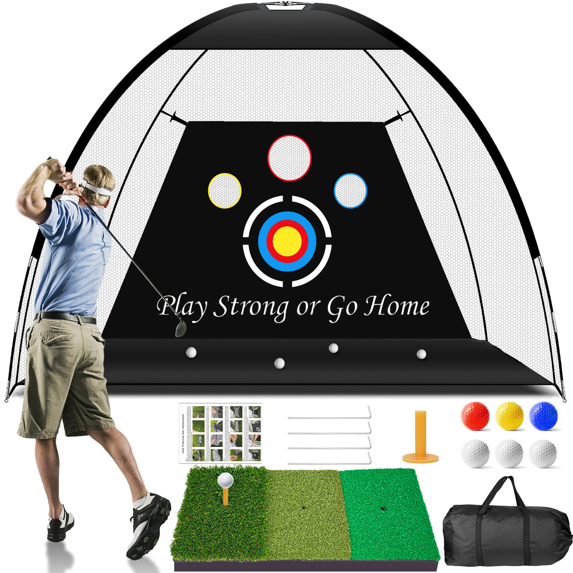 10x7ft Golf Practice Net with Golf Mat, Backyard Driving Chipping Swing Training - with Archery Target Balls Bag, Accessories for Men