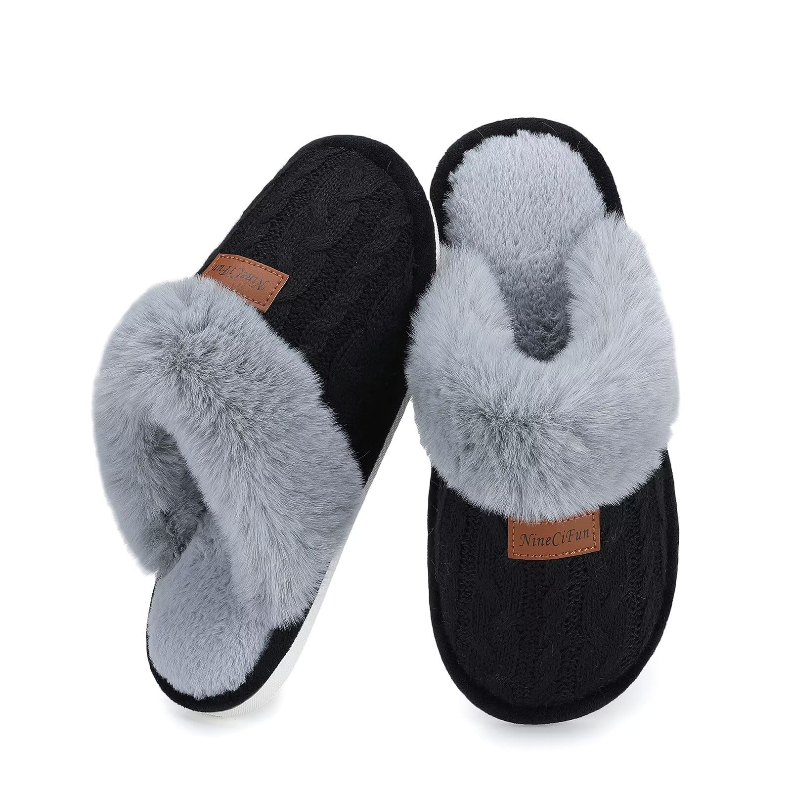 NineCiFun Women's Comfy Scuff Slippers Faux Fur House Slippers Fuzzy Home Shoes with Non-Slip Sole