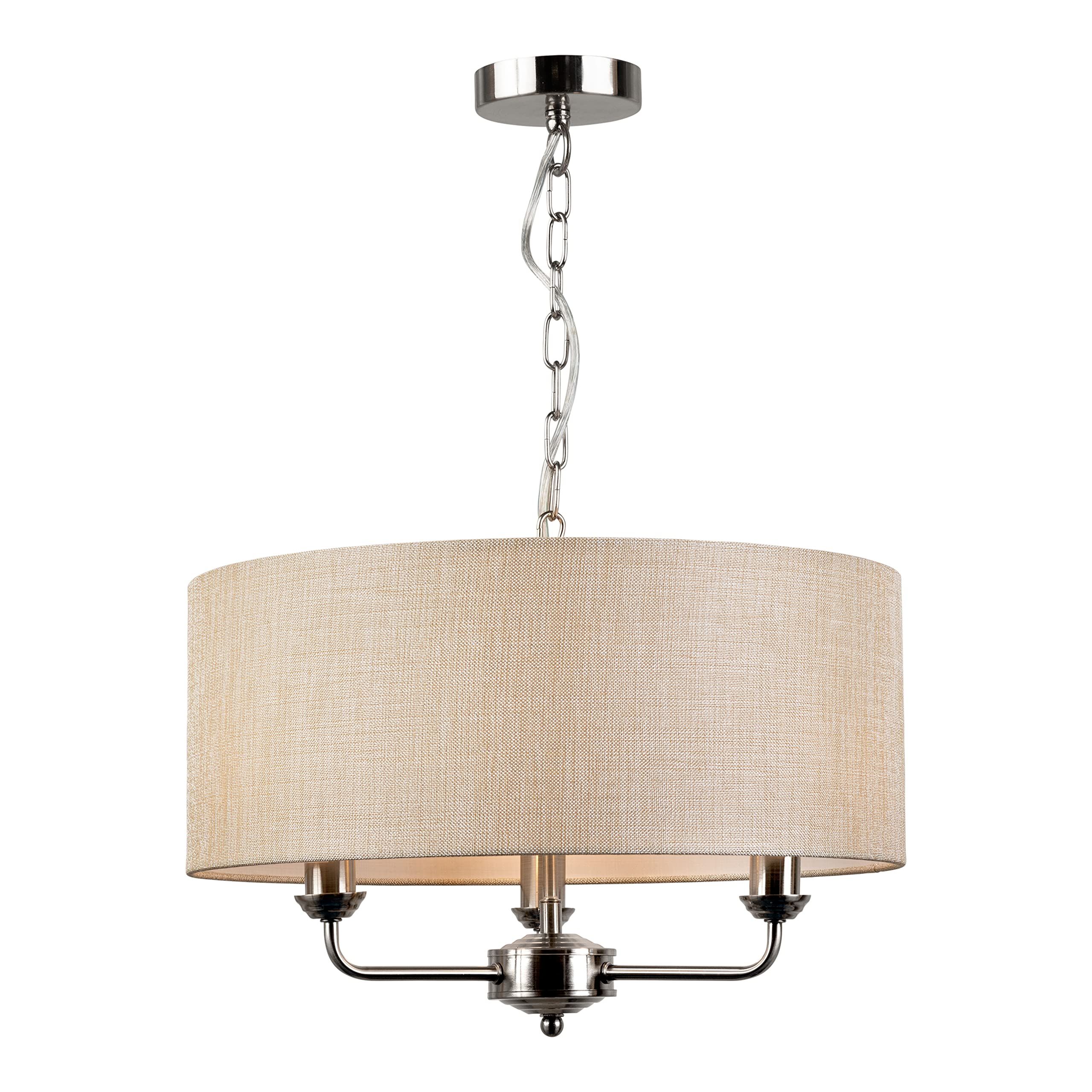 Lighting Supermarket Korus Ceiling Chain 3 Light/Satin Silver Finish/Matching Natural Beige Cream Linen Shade
