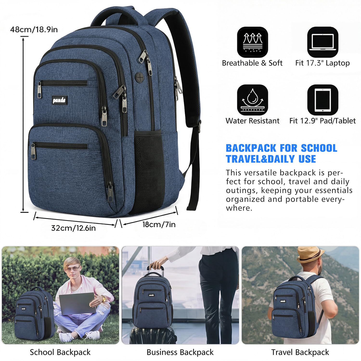 Paude Großer Schulrucksack, 17.3 Zoll Laptop Tasche für Teenager Erwachsene,Tasche Rucksack für High School College Studenten Arbeit