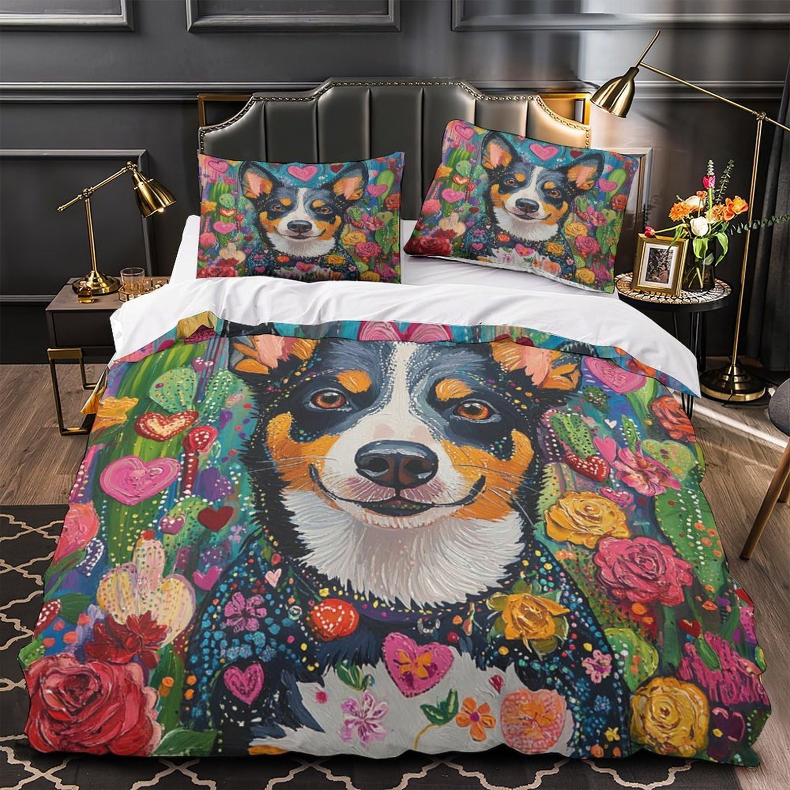 Housse de couette 3D chien anti-tache lavable machine 260x220cm