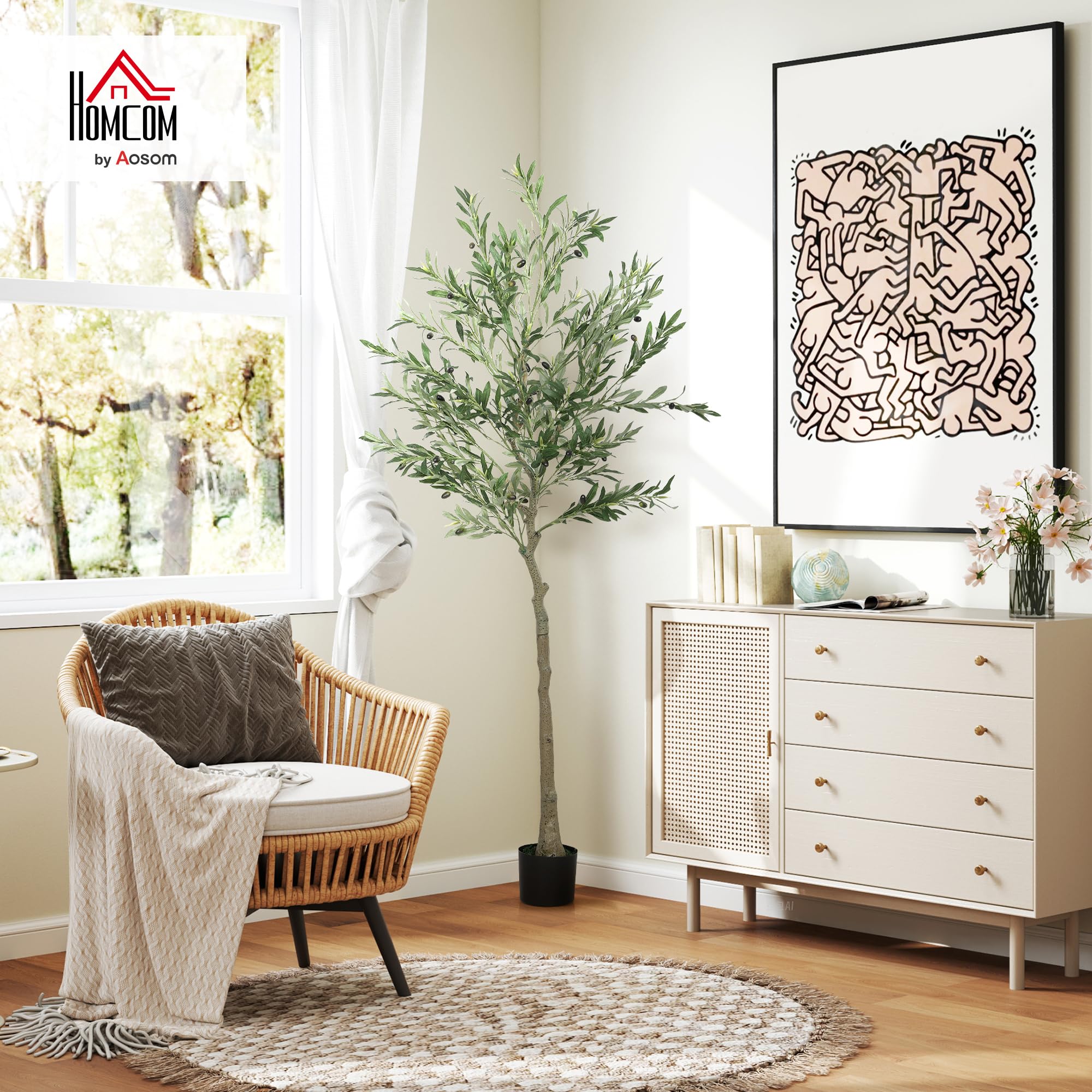 HOMCOM Pianta Artificiale di Olivo Alta 180 cm, Albero Finto da Interno | 900 Foglie, 40 Olive, Vaso Incluso, Alberello Decorativo, Salotto Ufficio Ingresso
